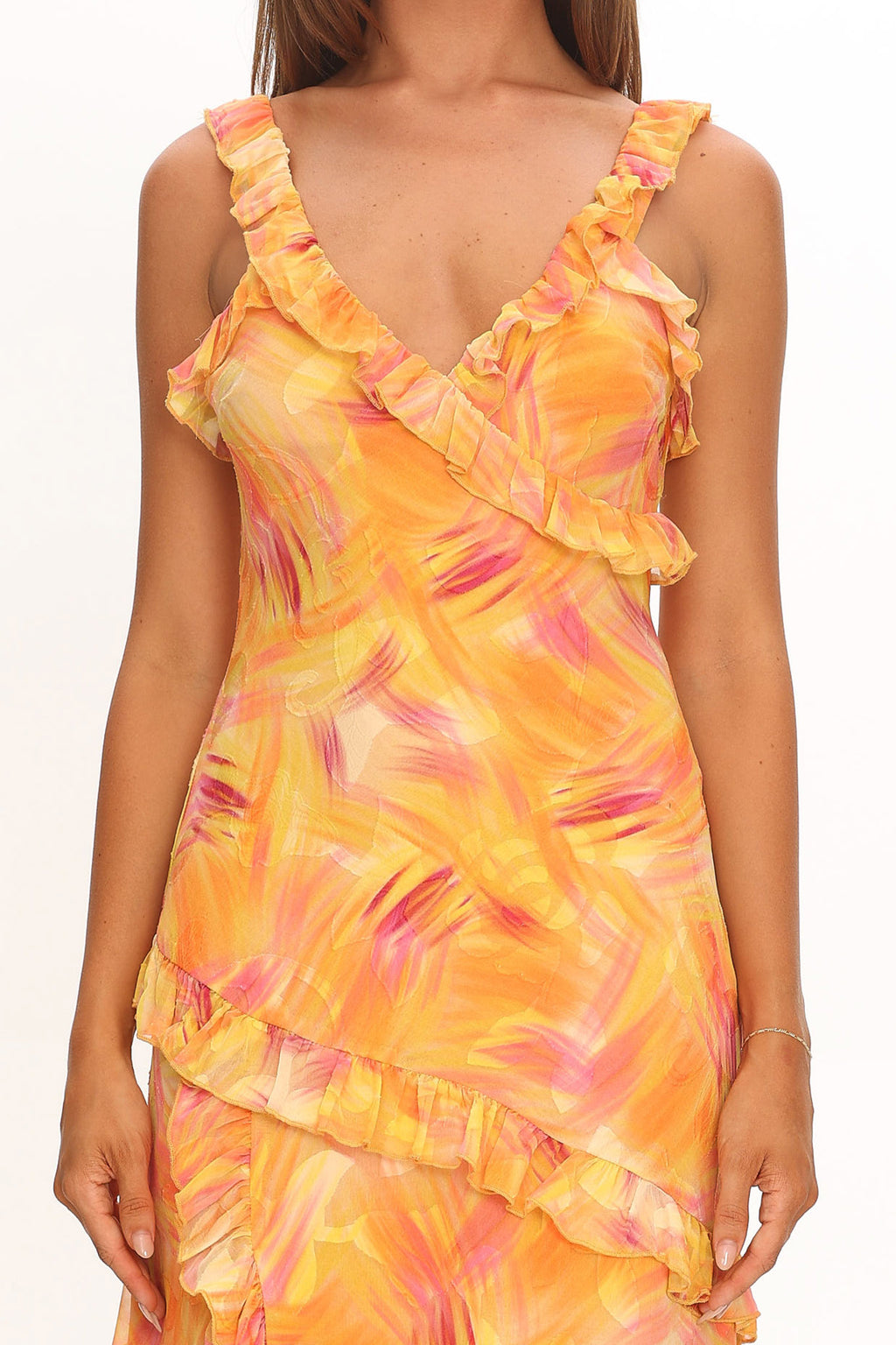 Alba Frill Trim Maxi Dress Abstract Orange by Selfie Leslie Australia