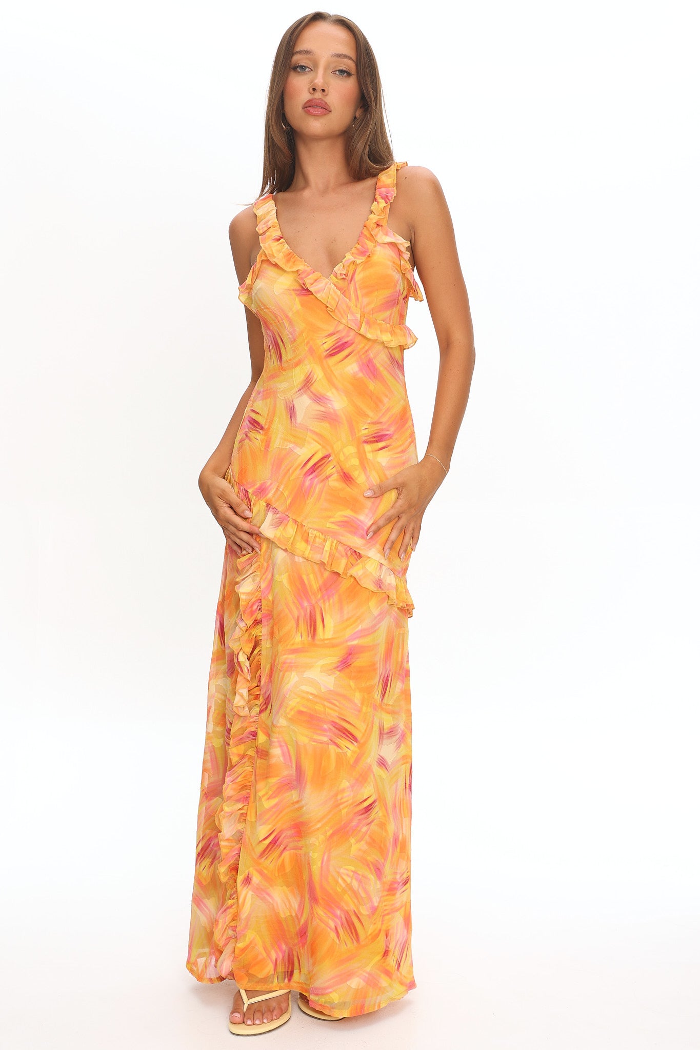 Alba Frill Trim Maxi Dress Abstract Orange by Selfie Leslie Australia