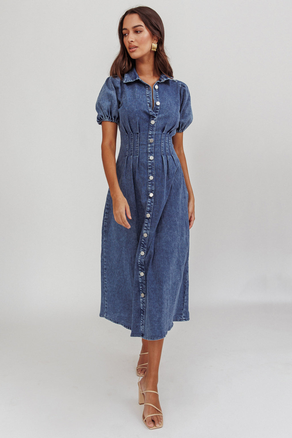 Zurich Pleated Waist Midi Dress Denim Dark Blue by Selfie Leslie Australia