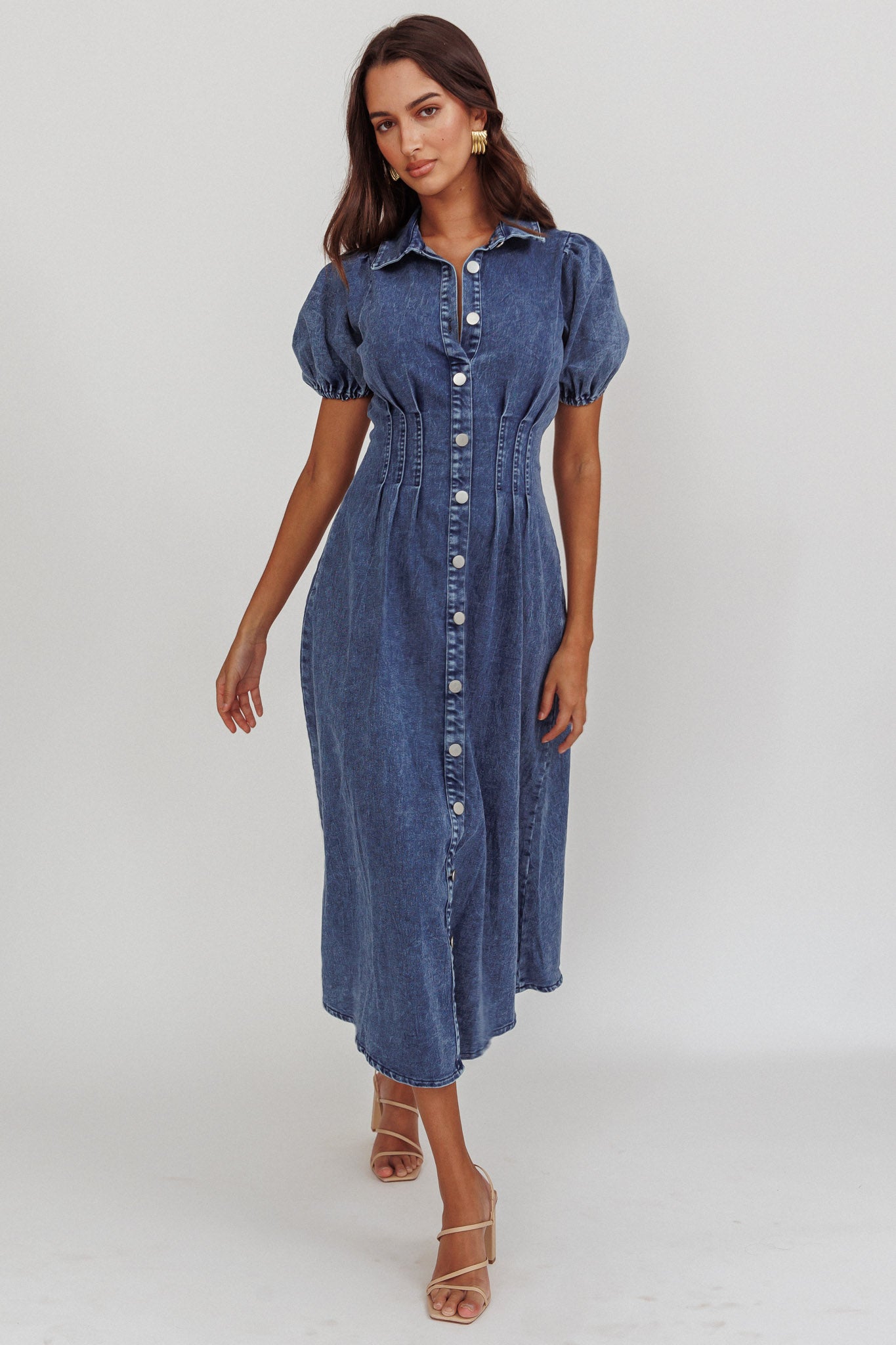 Zurich Pleated Waist Midi Dress Denim Dark Blue by Selfie Leslie Australia