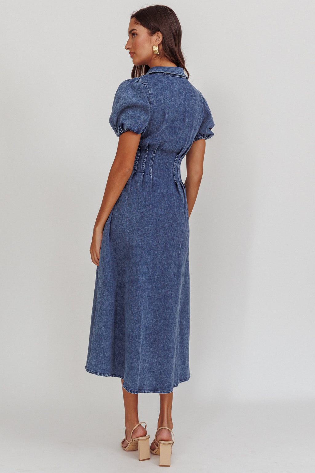 Zurich Pleated Waist Midi Dress Denim Dark Blue by Selfie Leslie Australia