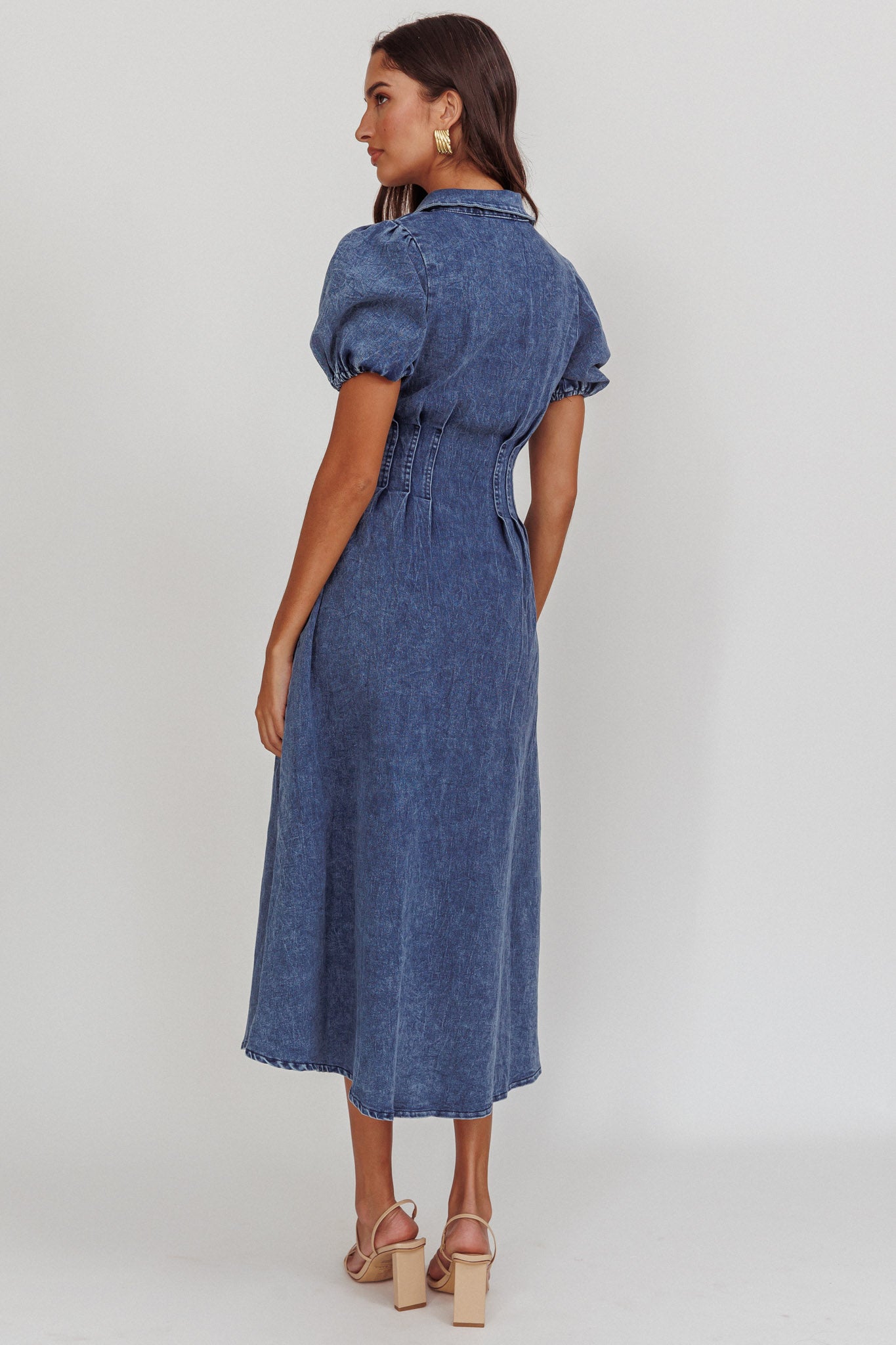 Zurich Pleated Waist Midi Dress Denim Dark Blue by Selfie Leslie Australia