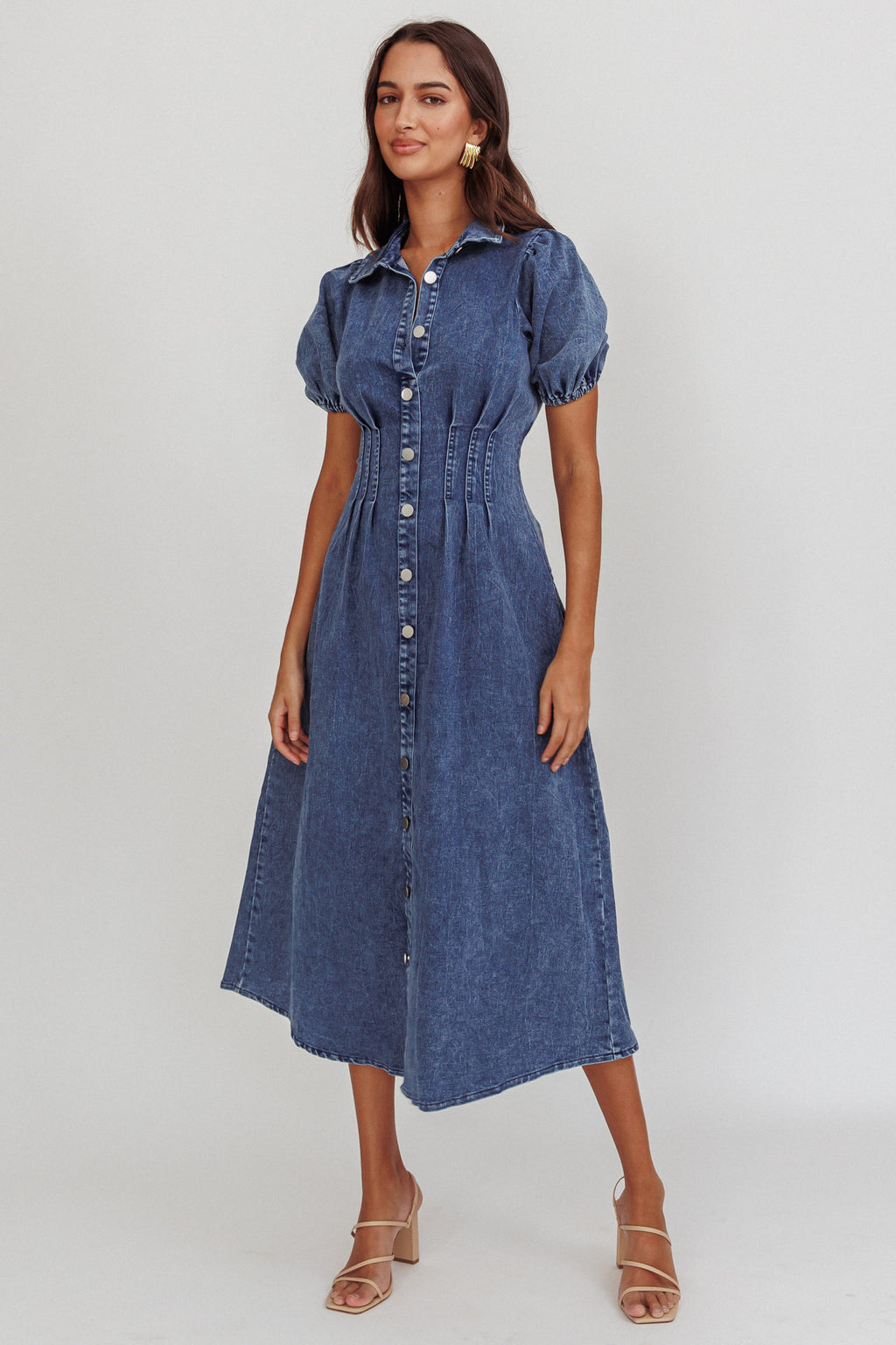 Zurich Pleated Waist Midi Dress Denim Dark Blue by Selfie Leslie Australia
