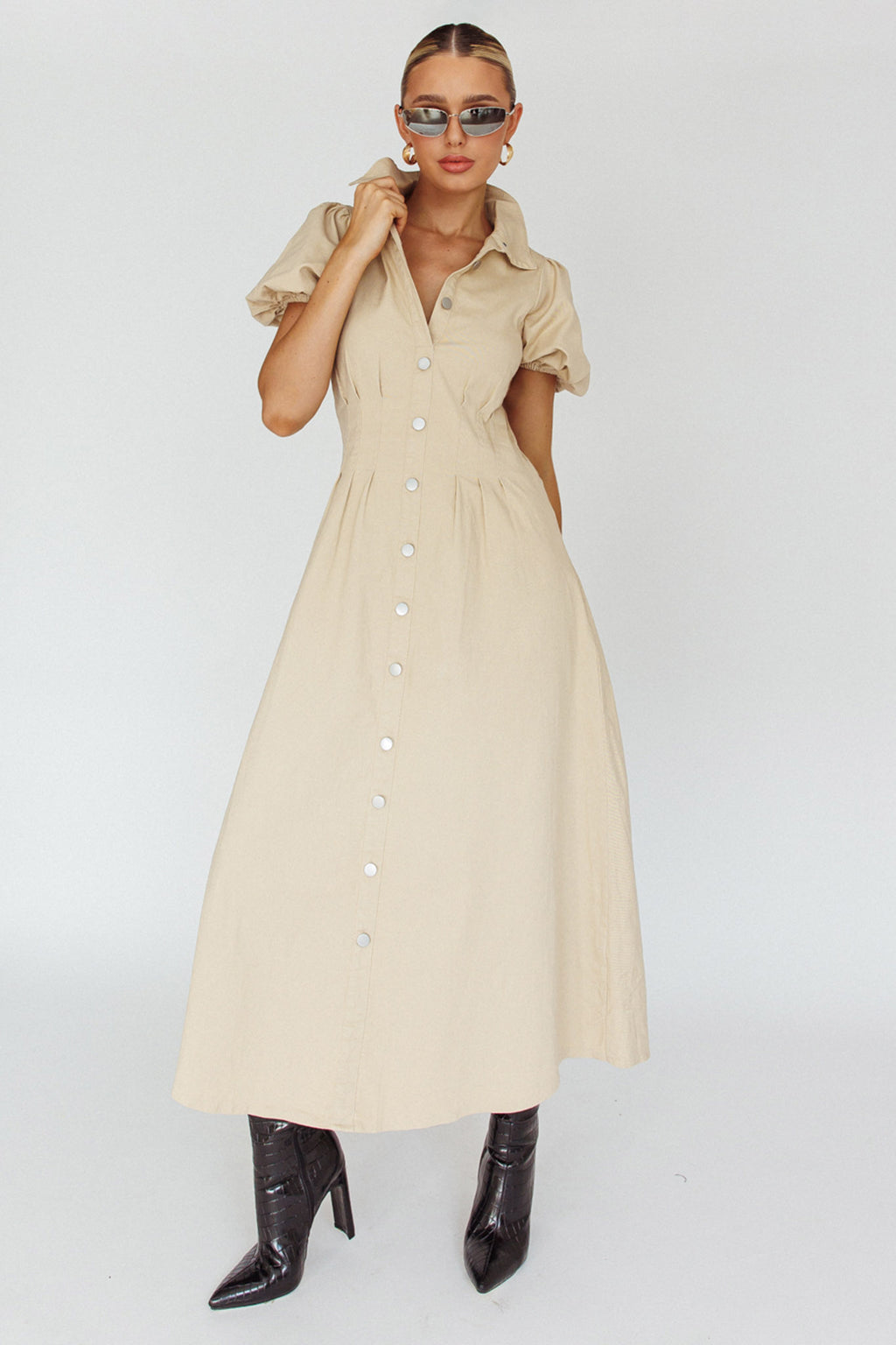 Zurich Pleated Waist Midi Dress Beige by Selfie Leslie Australia