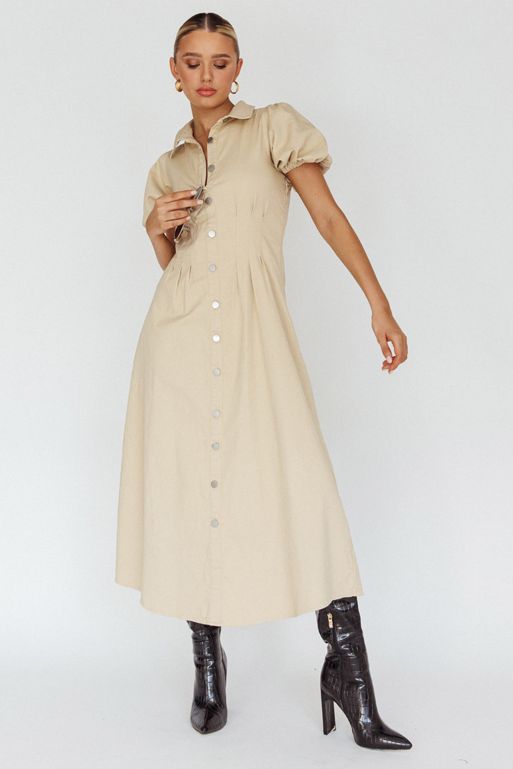 Zurich Pleated Waist Midi Dress Beige by Selfie Leslie Australia