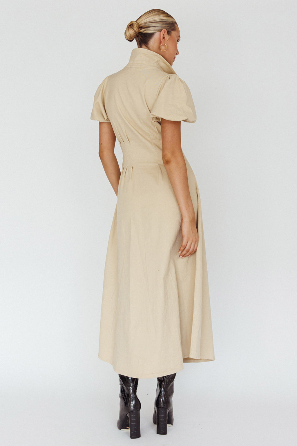 Zurich Pleated Waist Midi Dress Beige by Selfie Leslie Australia