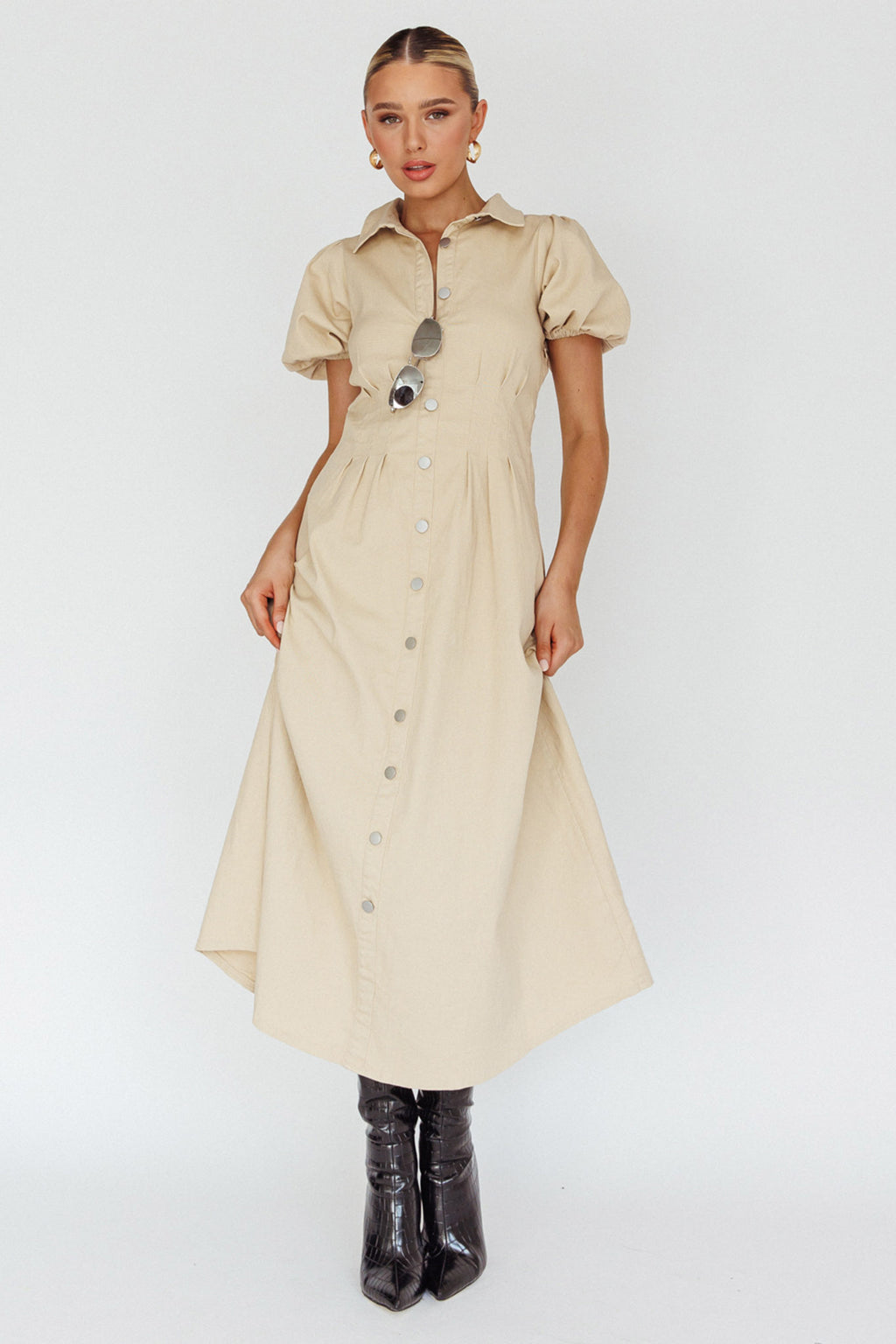 Zurich Pleated Waist Midi Dress Beige by Selfie Leslie Australia