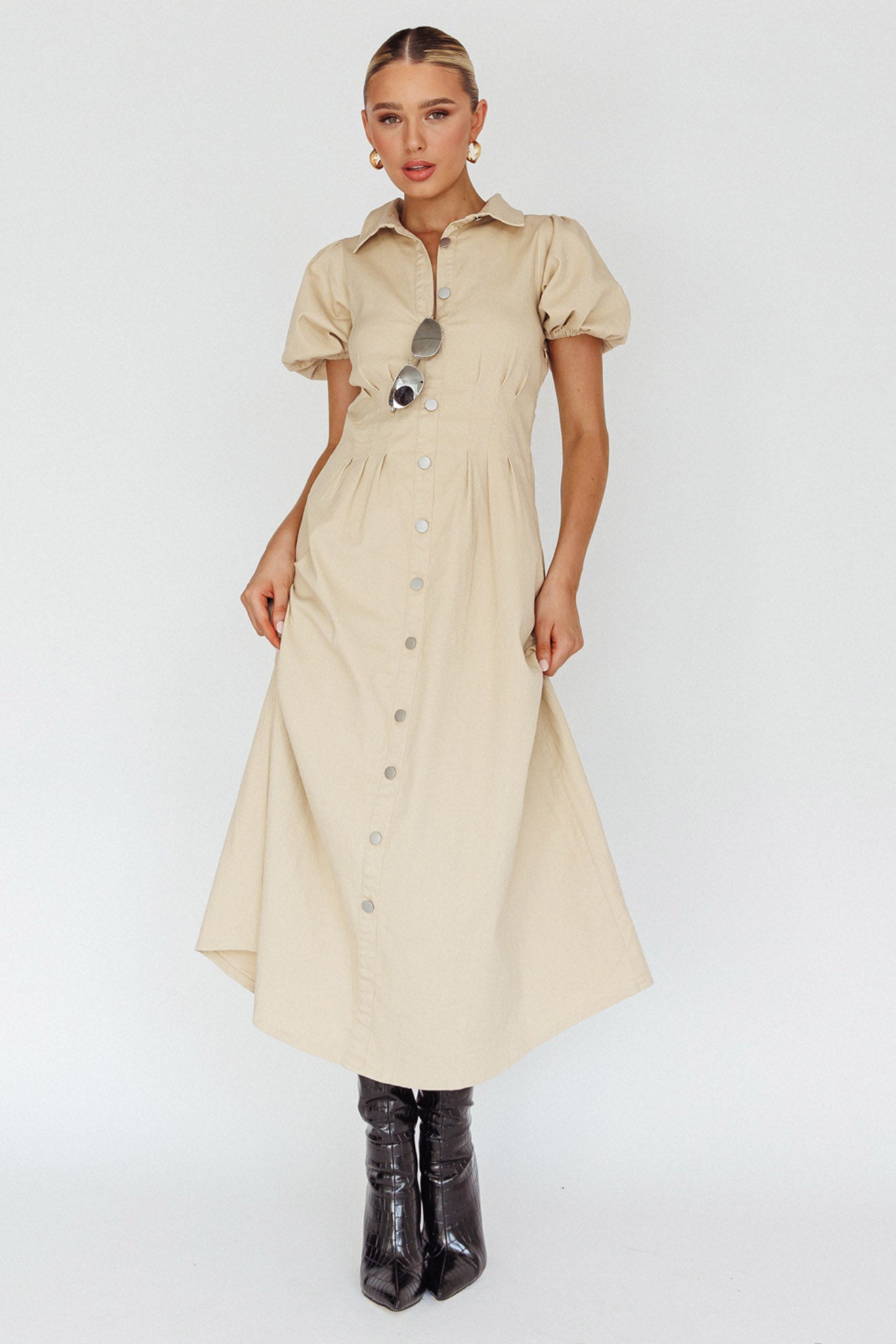 Zurich Pleated Waist Midi Dress Beige by Selfie Leslie Australia