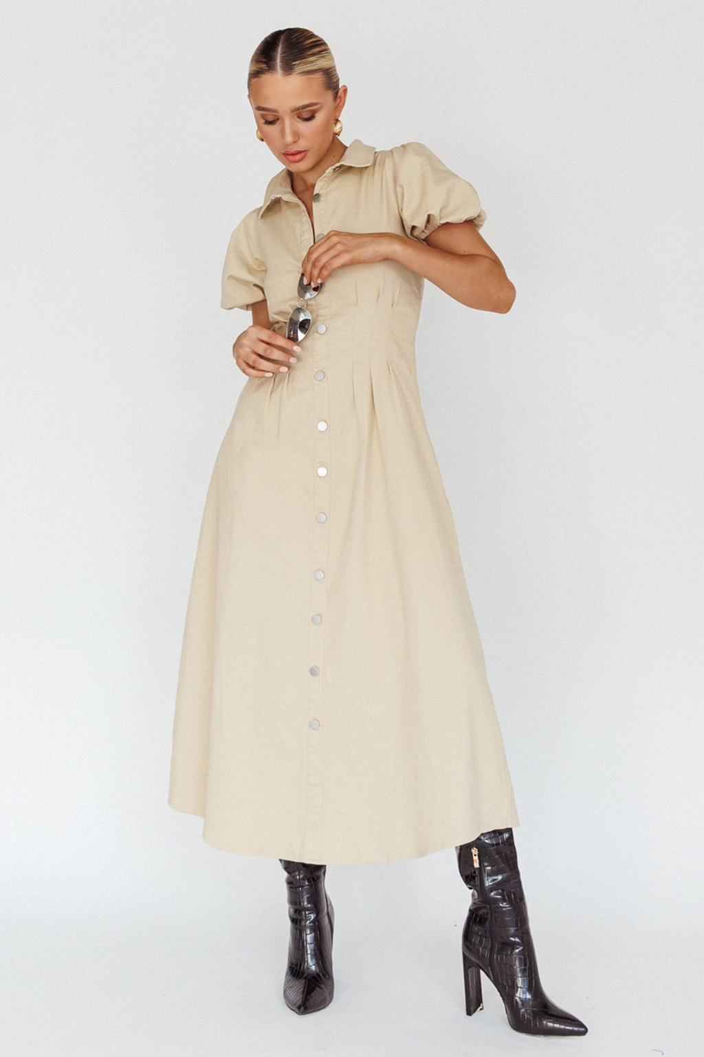 Zurich Pleated Waist Midi Dress Beige by Selfie Leslie Australia