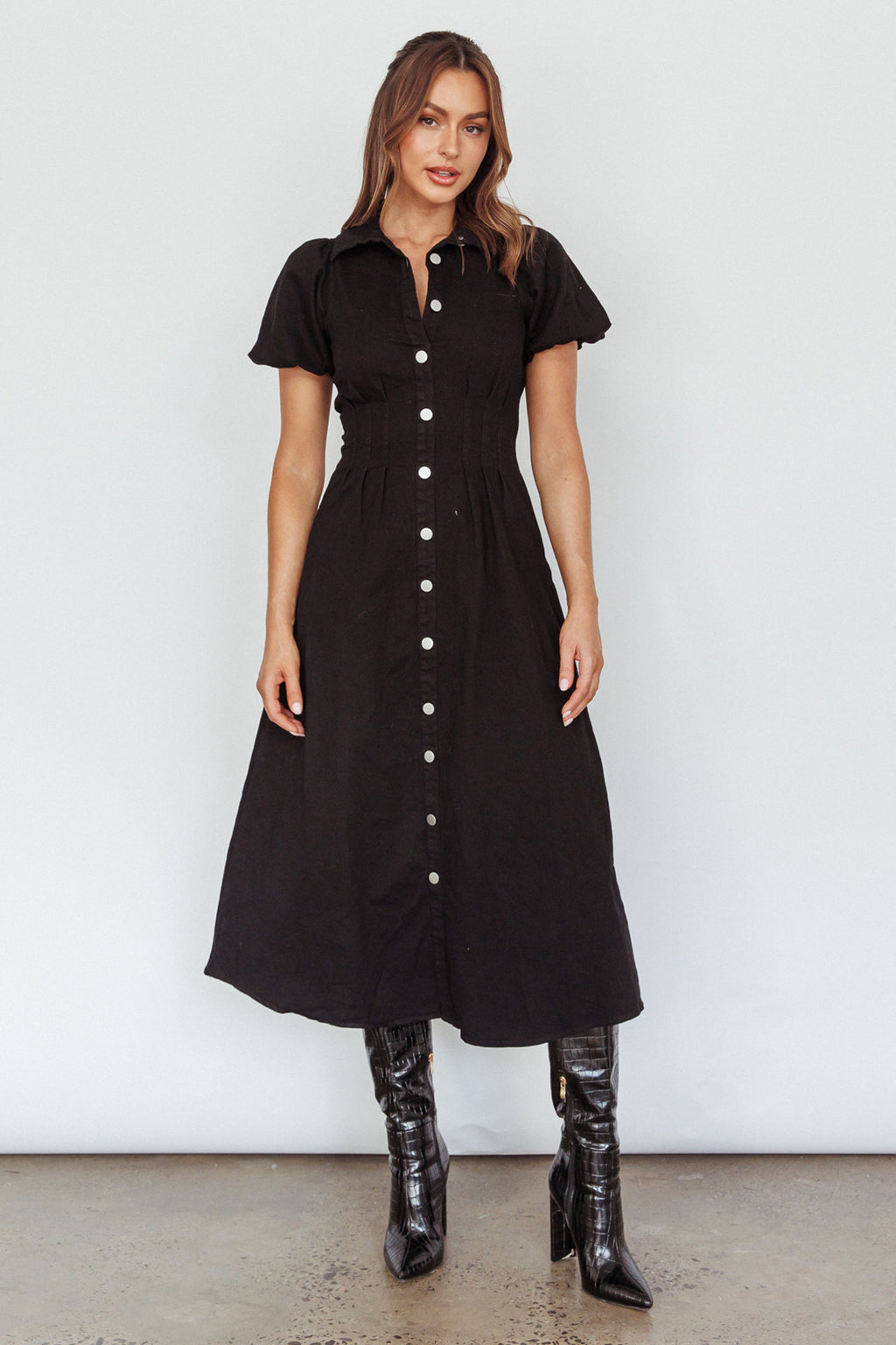 Zurich Pleated Waist Midi Dress Black by Selfie Leslie Australia