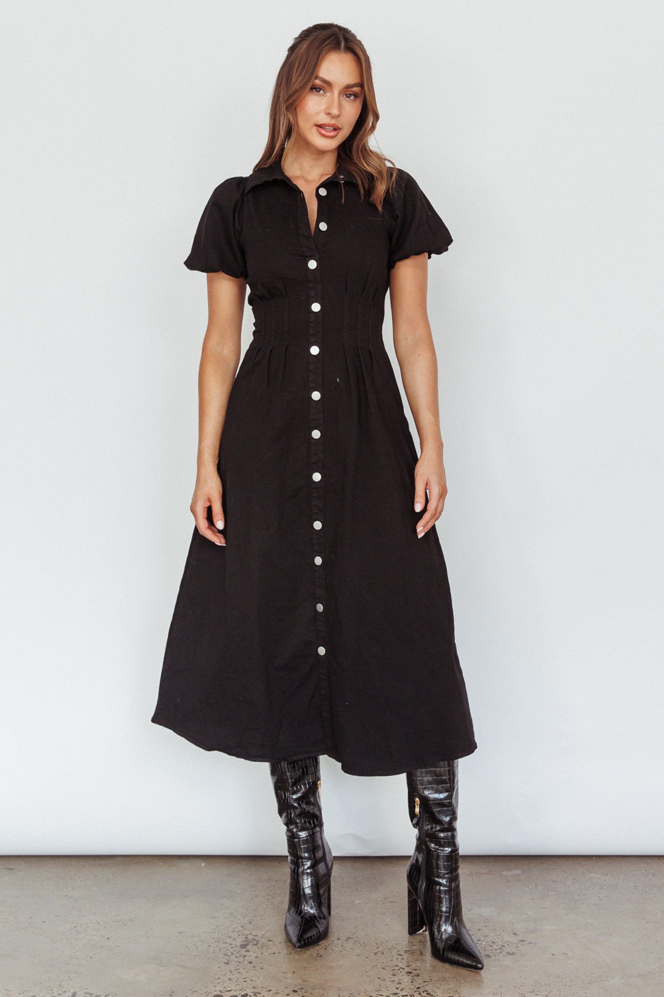 Zurich Pleated Waist Midi Dress Black by Selfie Leslie Australia