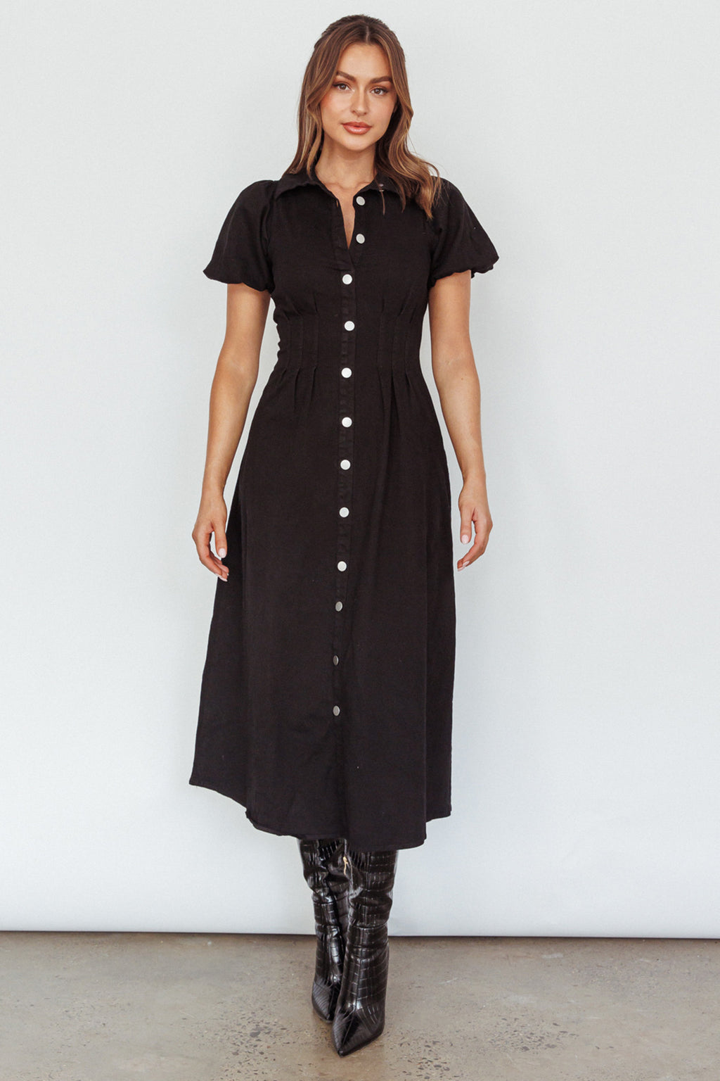 Zurich Pleated Waist Midi Dress Black by Selfie Leslie Australia
