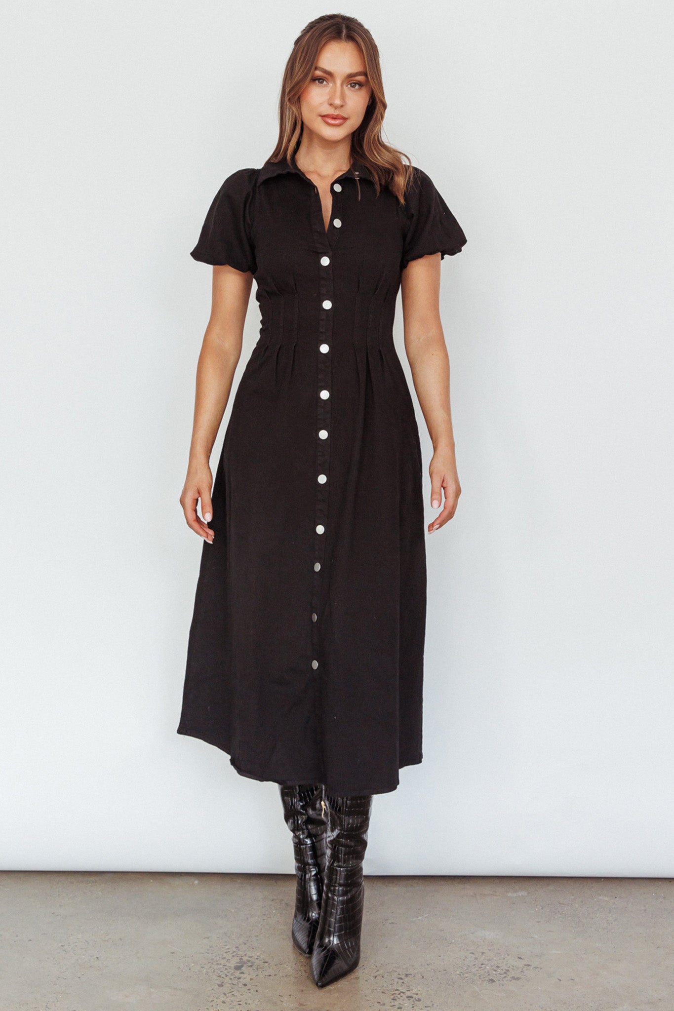Zurich Pleated Waist Midi Dress Black by Selfie Leslie Australia