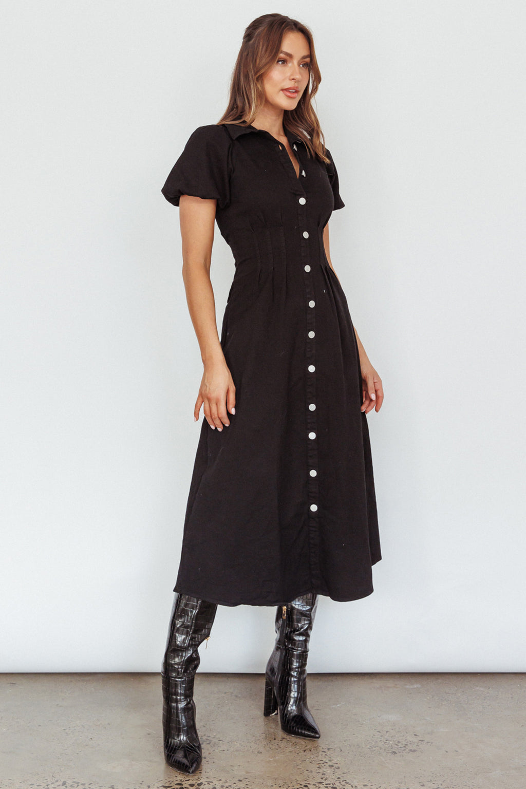 Zurich Pleated Waist Midi Dress Black by Selfie Leslie Australia