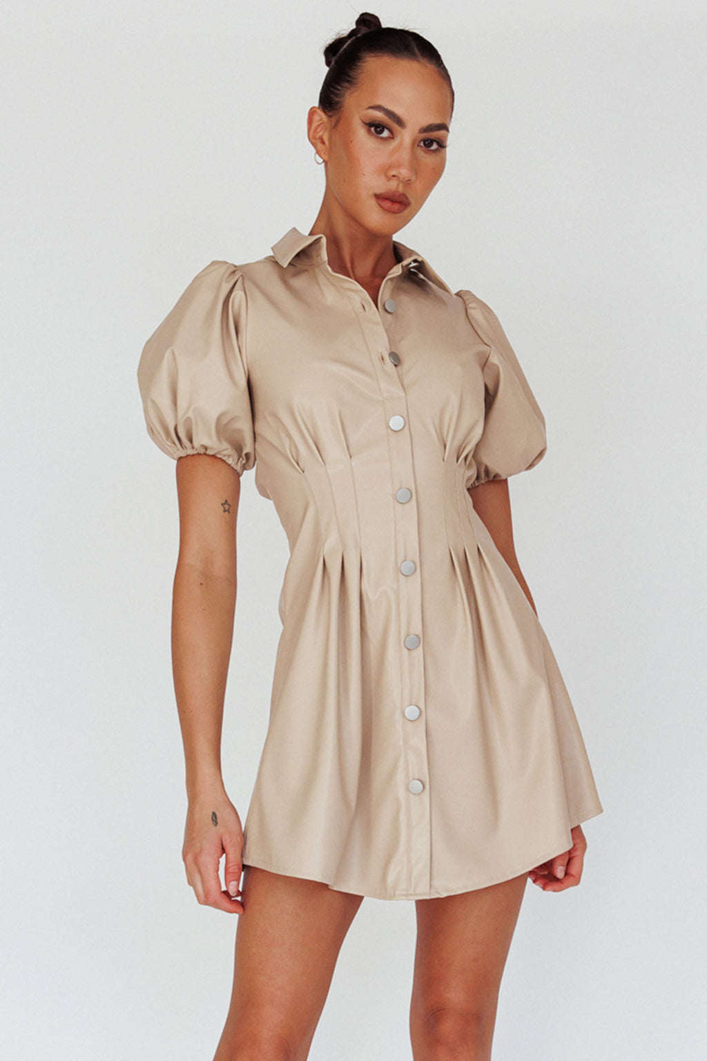 Zurich Pleated Waist Shirt Dress Faux Leather Nude by Selfie Leslie Australia