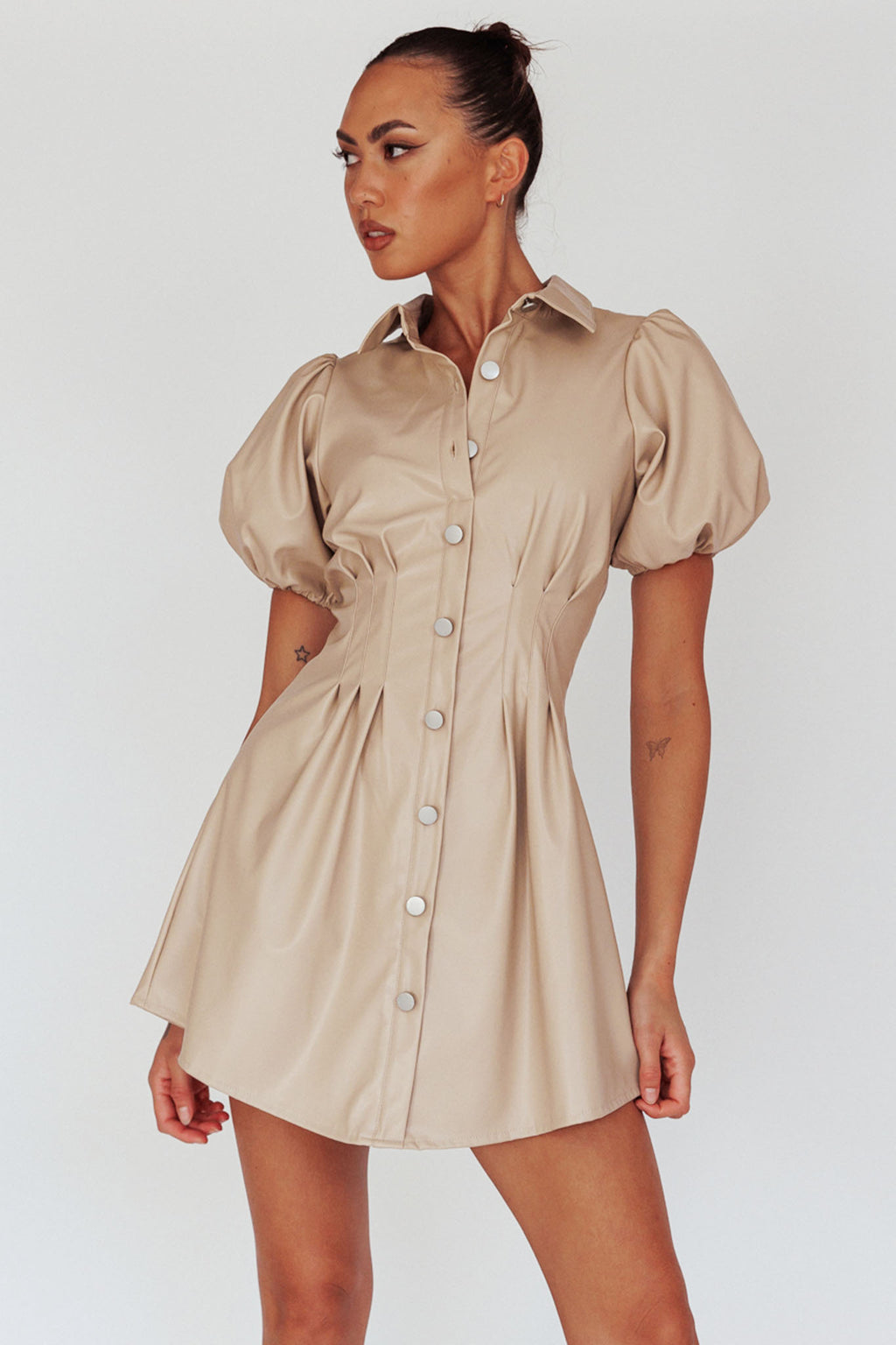Zurich Pleated Waist Shirt Dress Faux Leather Nude by Selfie Leslie Australia