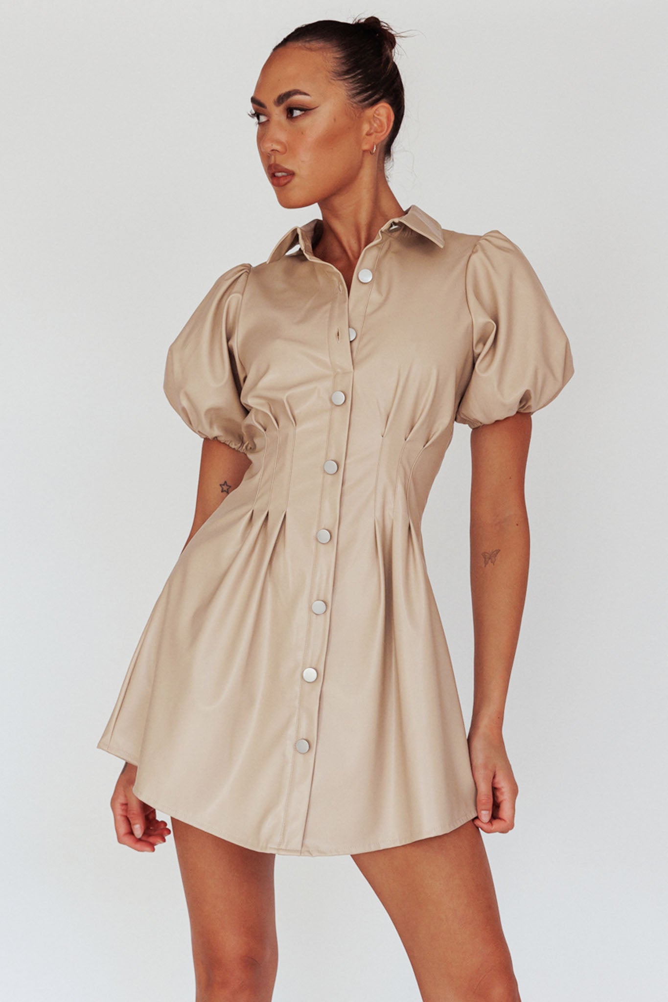 Zurich Pleated Waist Shirt Dress Faux Leather Nude by Selfie Leslie Australia