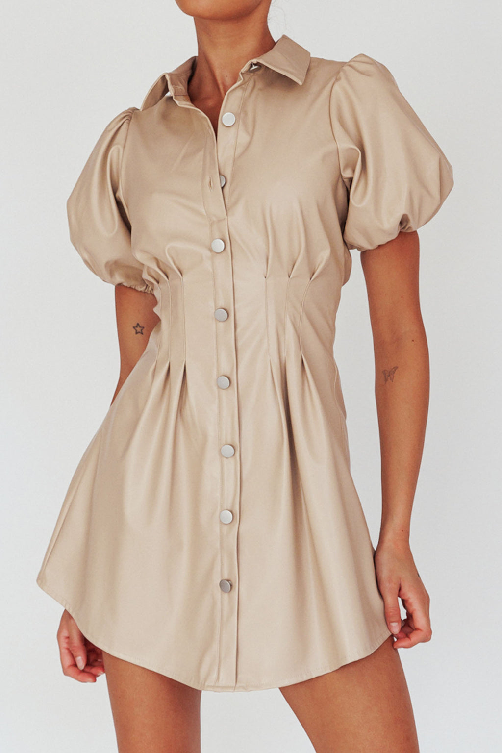 Zurich Pleated Waist Shirt Dress Faux Leather Nude by Selfie Leslie Australia