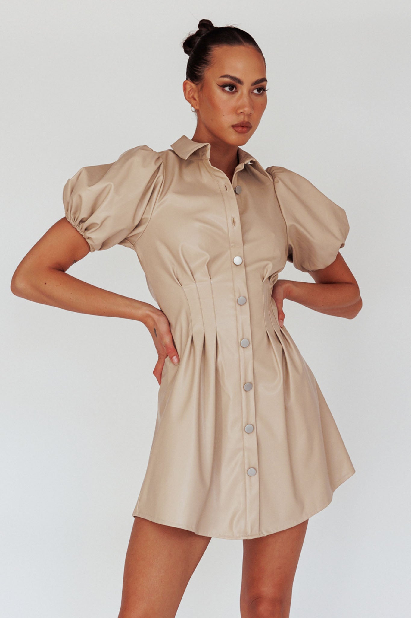 Zurich Pleated Waist Shirt Dress Faux Leather Nude by Selfie Leslie Australia