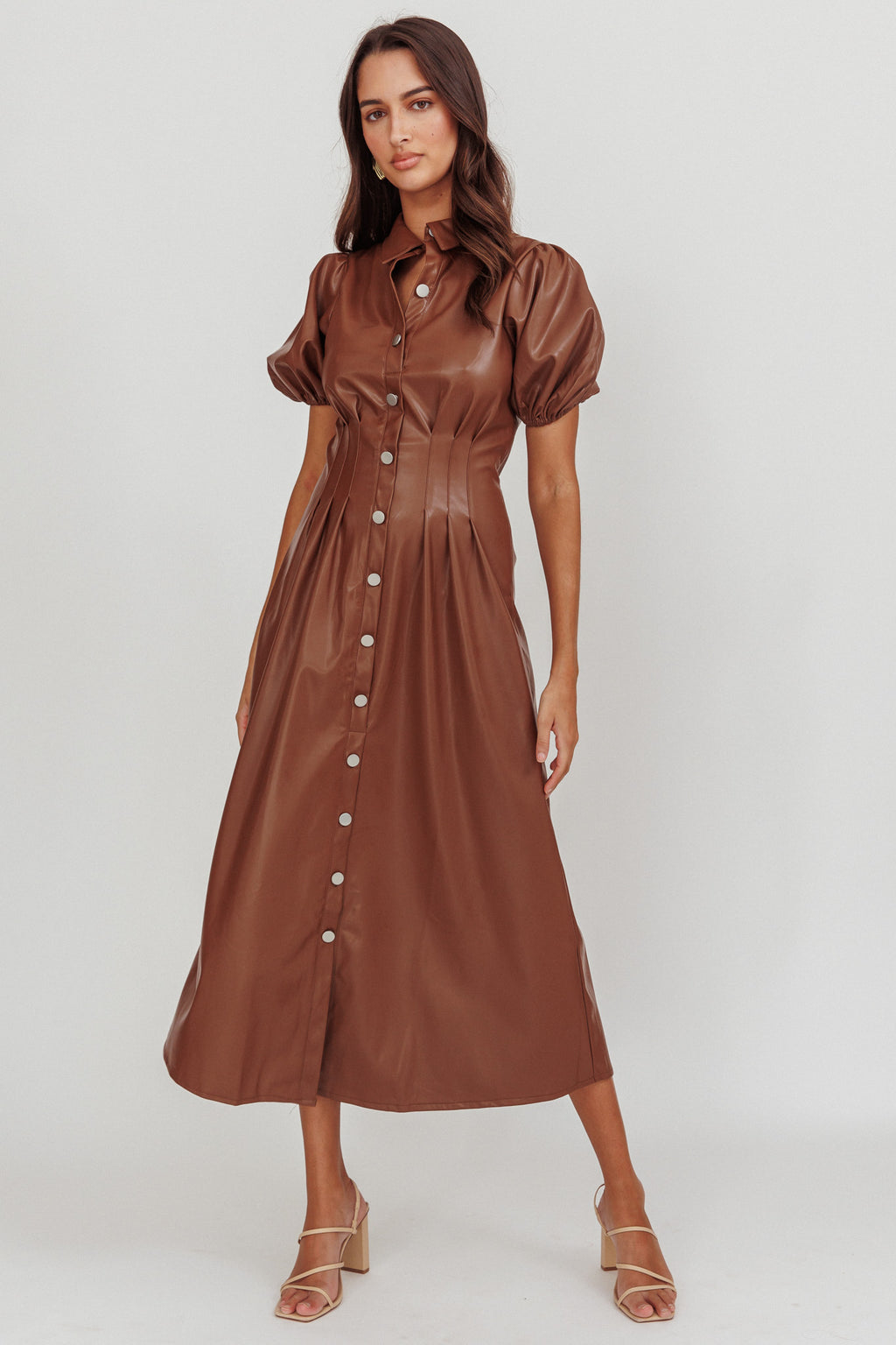 Zurich A-line Puff Sleeve Midi Dress Chocolate by Selfie Leslie Australia