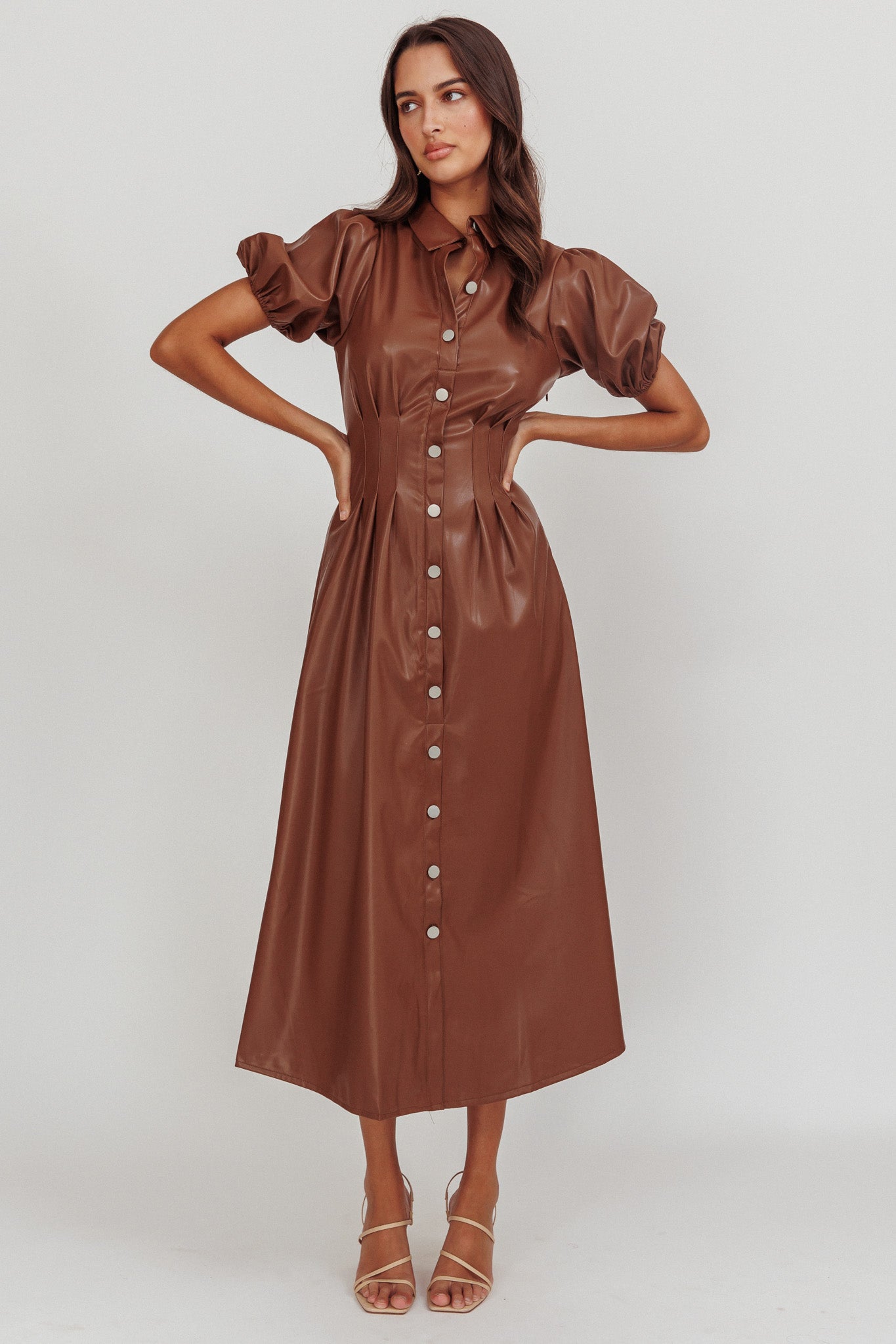 Zurich A-line Puff Sleeve Midi Dress Chocolate by Selfie Leslie Australia