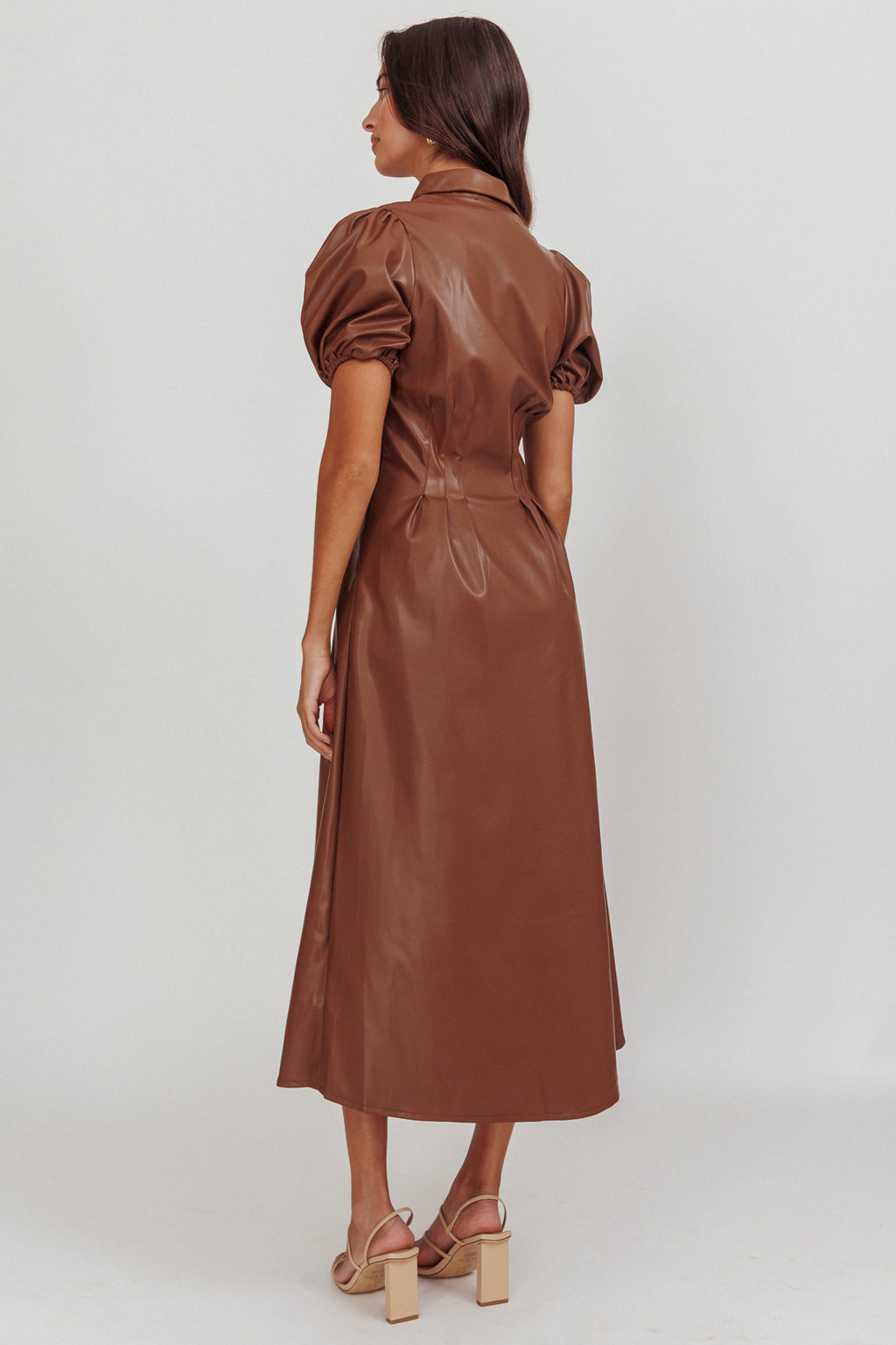 Zurich A-line Puff Sleeve Midi Dress Chocolate by Selfie Leslie Australia
