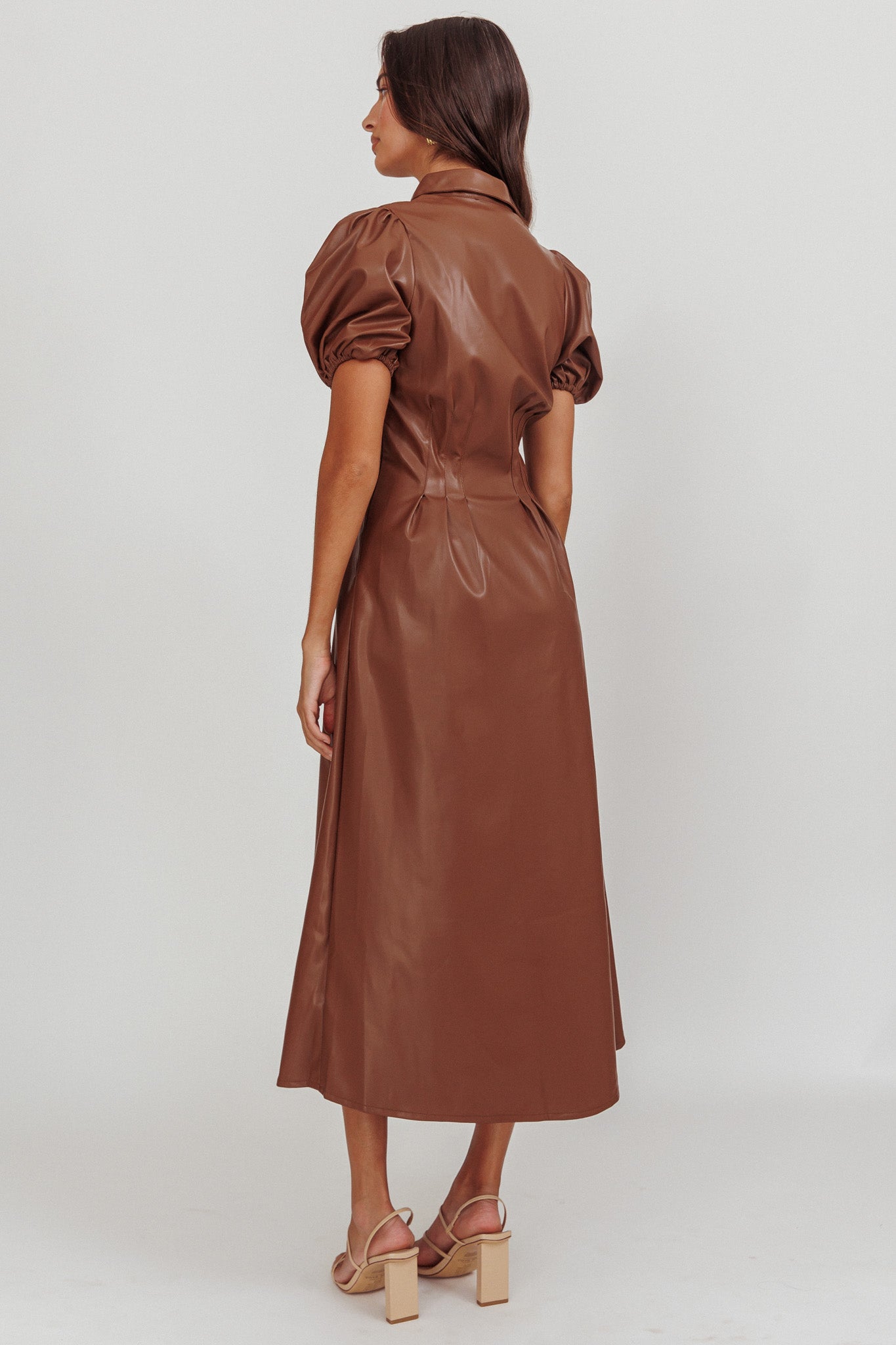 Zurich A-line Puff Sleeve Midi Dress Chocolate by Selfie Leslie Australia