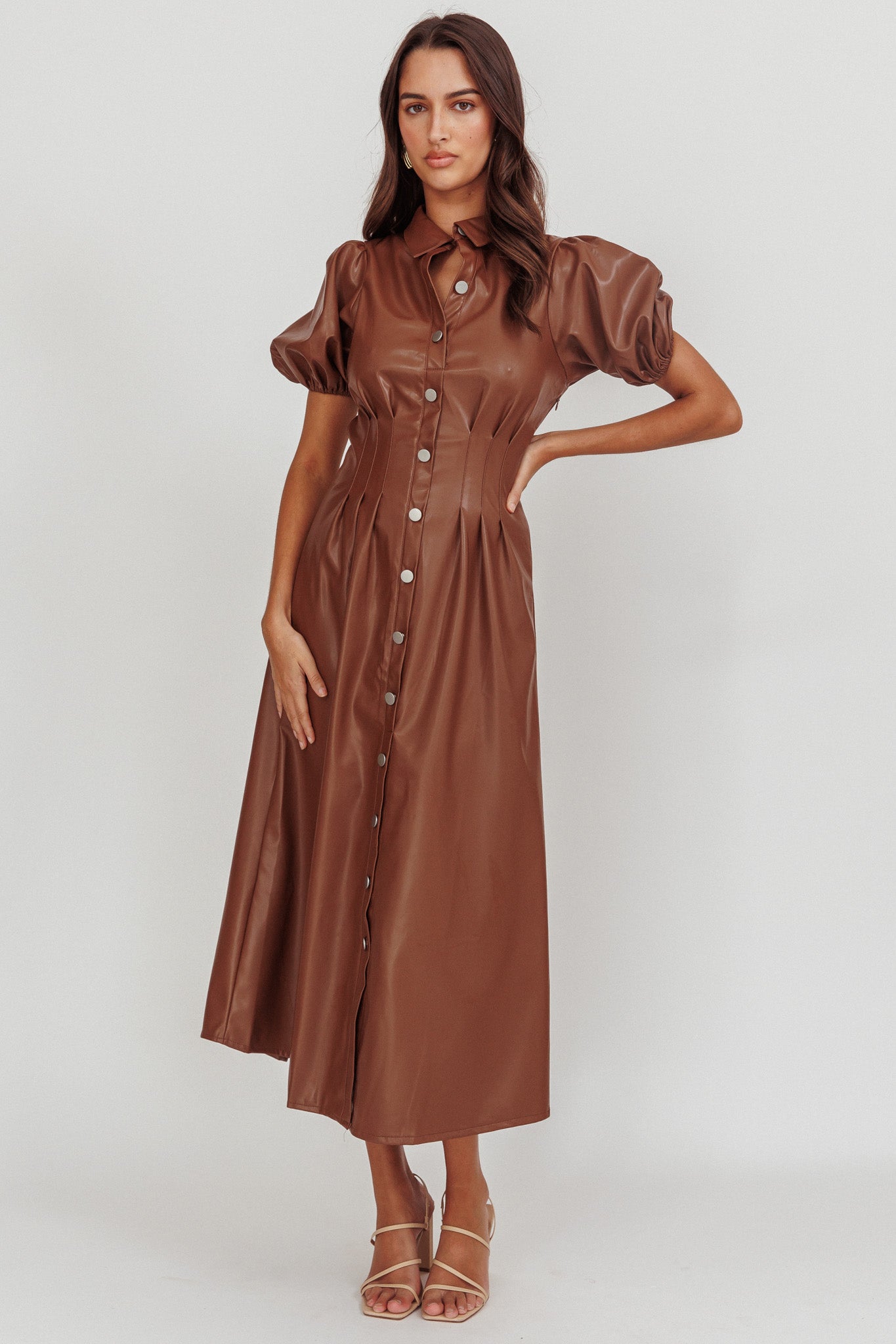 Zurich A-line Puff Sleeve Midi Dress Chocolate by Selfie Leslie Australia
