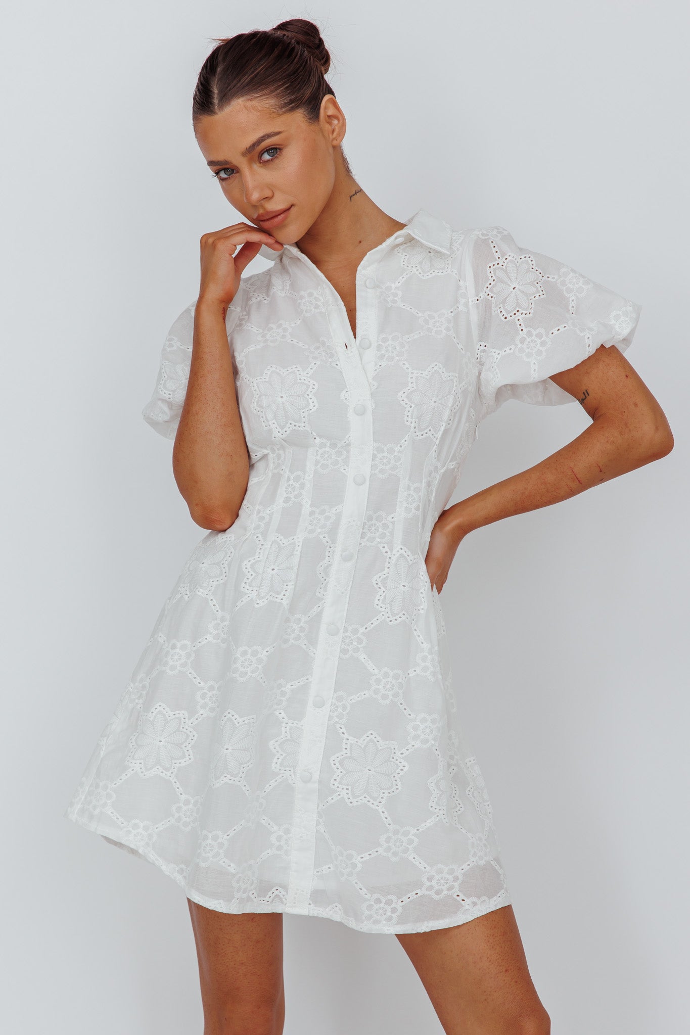 Zurich Pleated Waist Shirt Dress Eyelet White by Selfie Leslie Australia