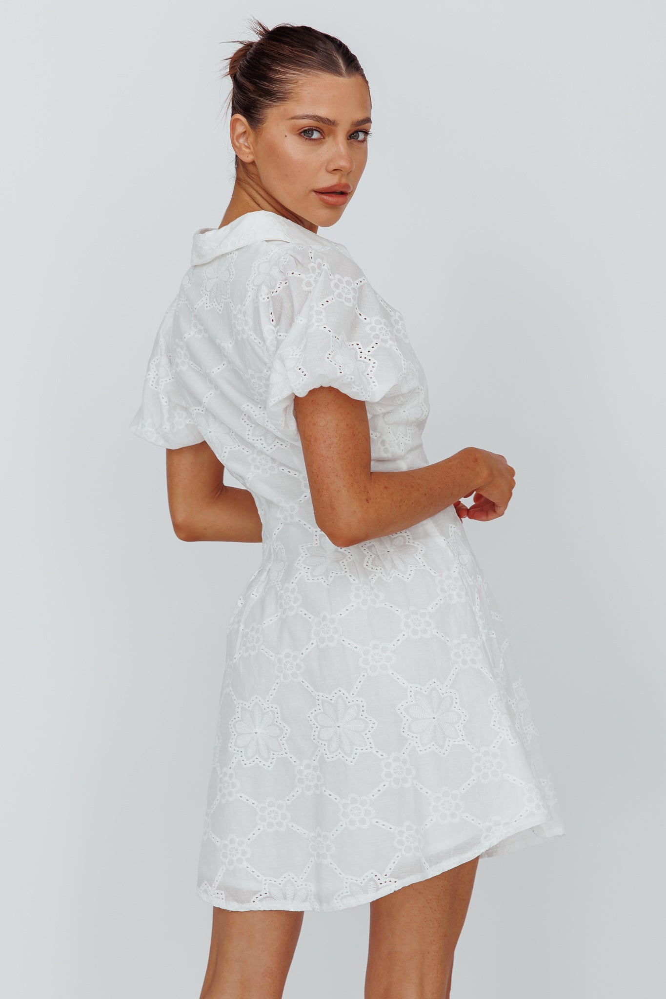 Zurich Pleated Waist Shirt Dress Eyelet White by Selfie Leslie Australia