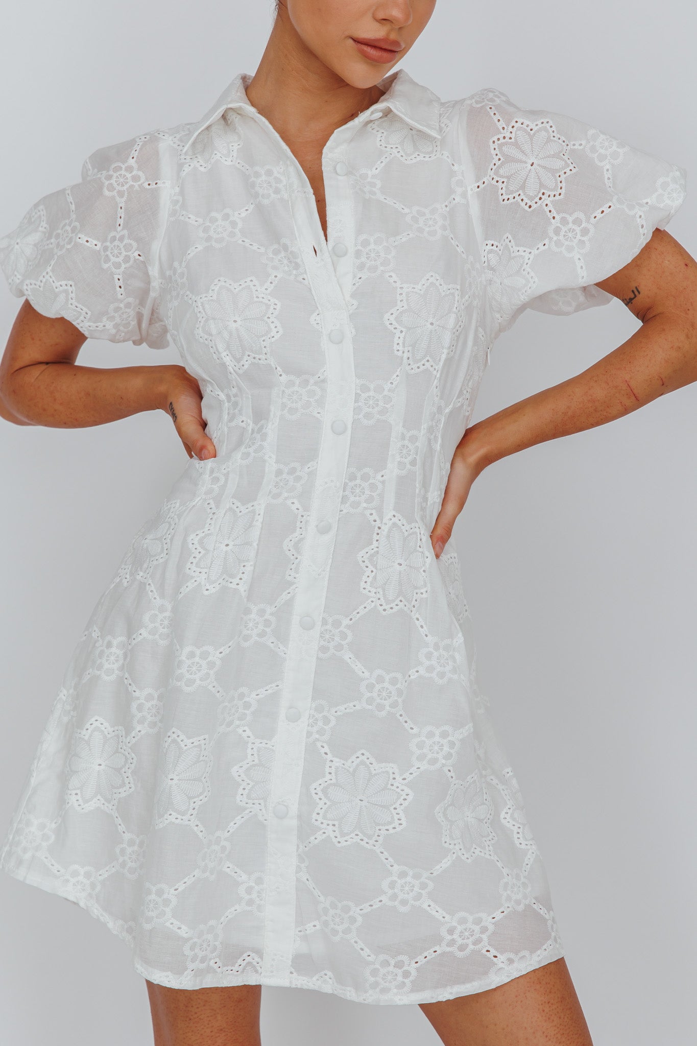 Zurich Pleated Waist Shirt Dress Eyelet White by Selfie Leslie Australia