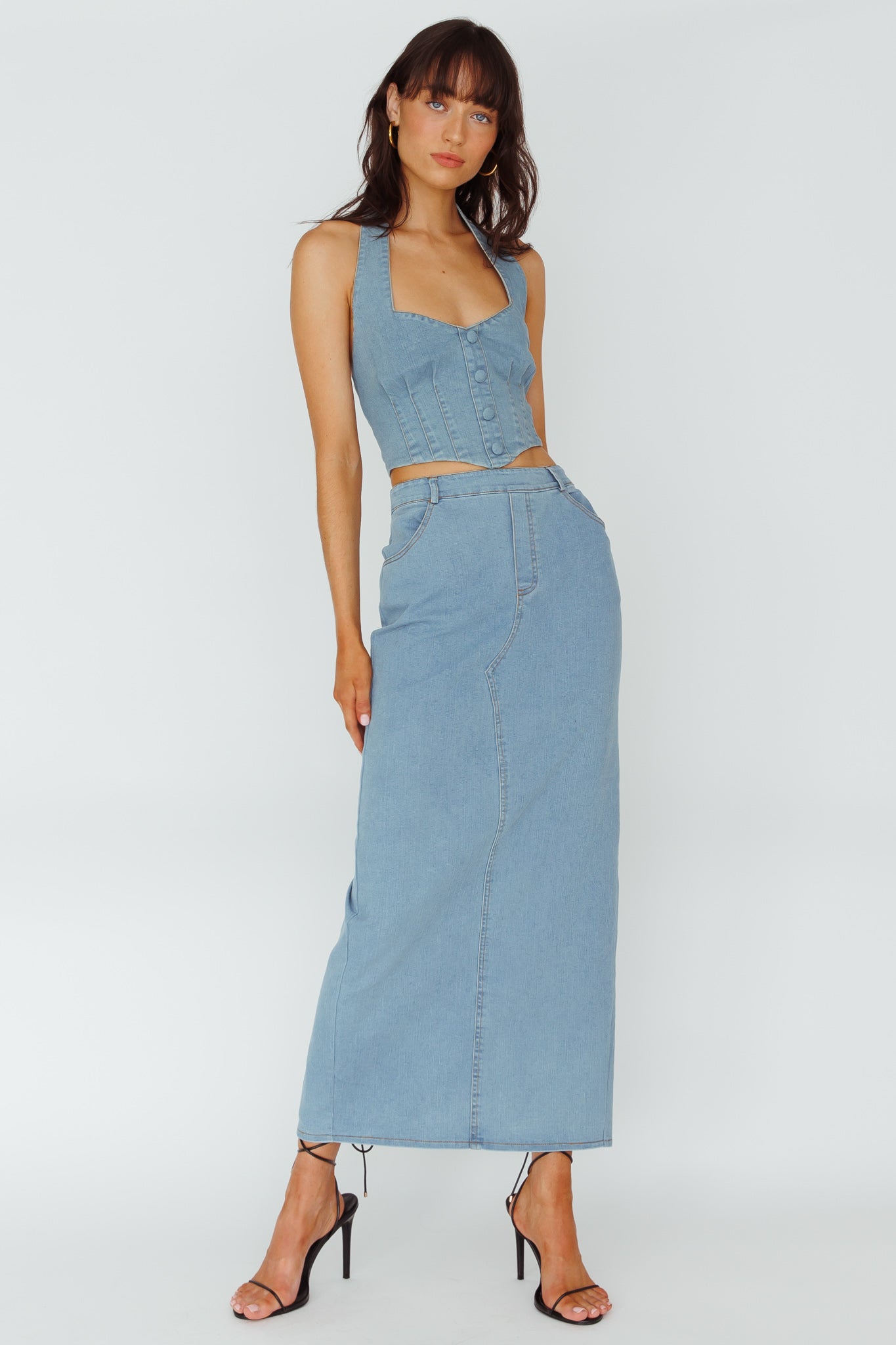 Zurich Pocket Maxi Skirt Denim Blue by Selfie Leslie Australia