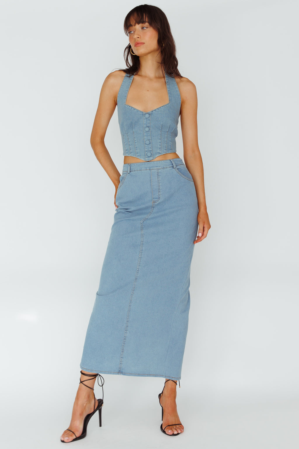 Zurich Pocket Maxi Skirt Denim Blue by Selfie Leslie Australia