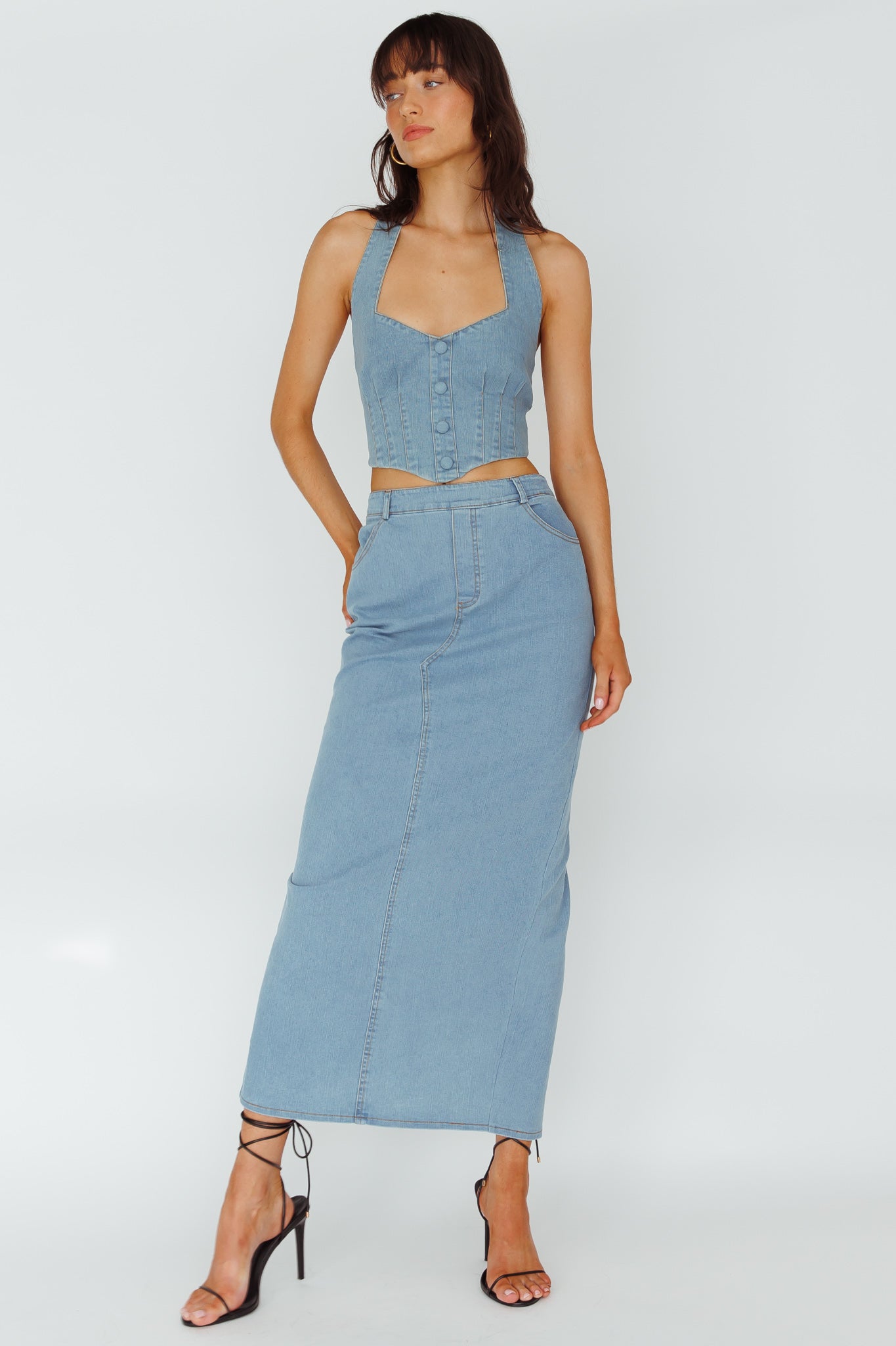 Zurich Pocket Maxi Skirt Denim Blue by Selfie Leslie Australia