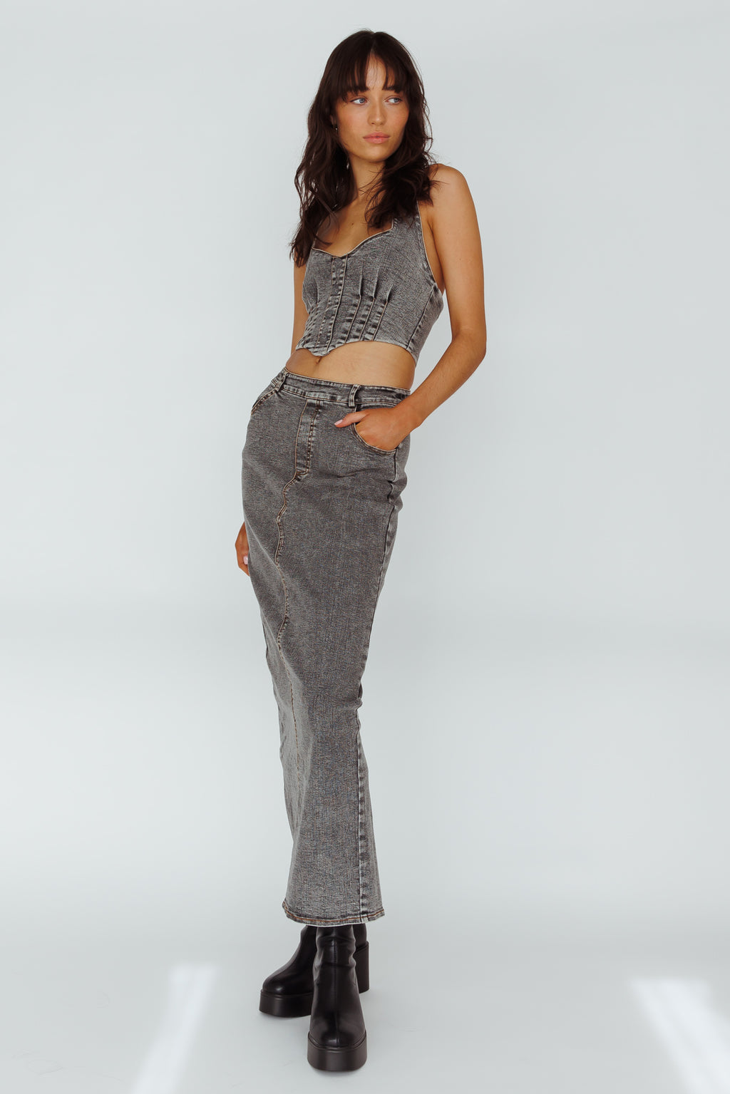 Zurich Pocket Maxi Skirt Denim Grey by Selfie Leslie Australia