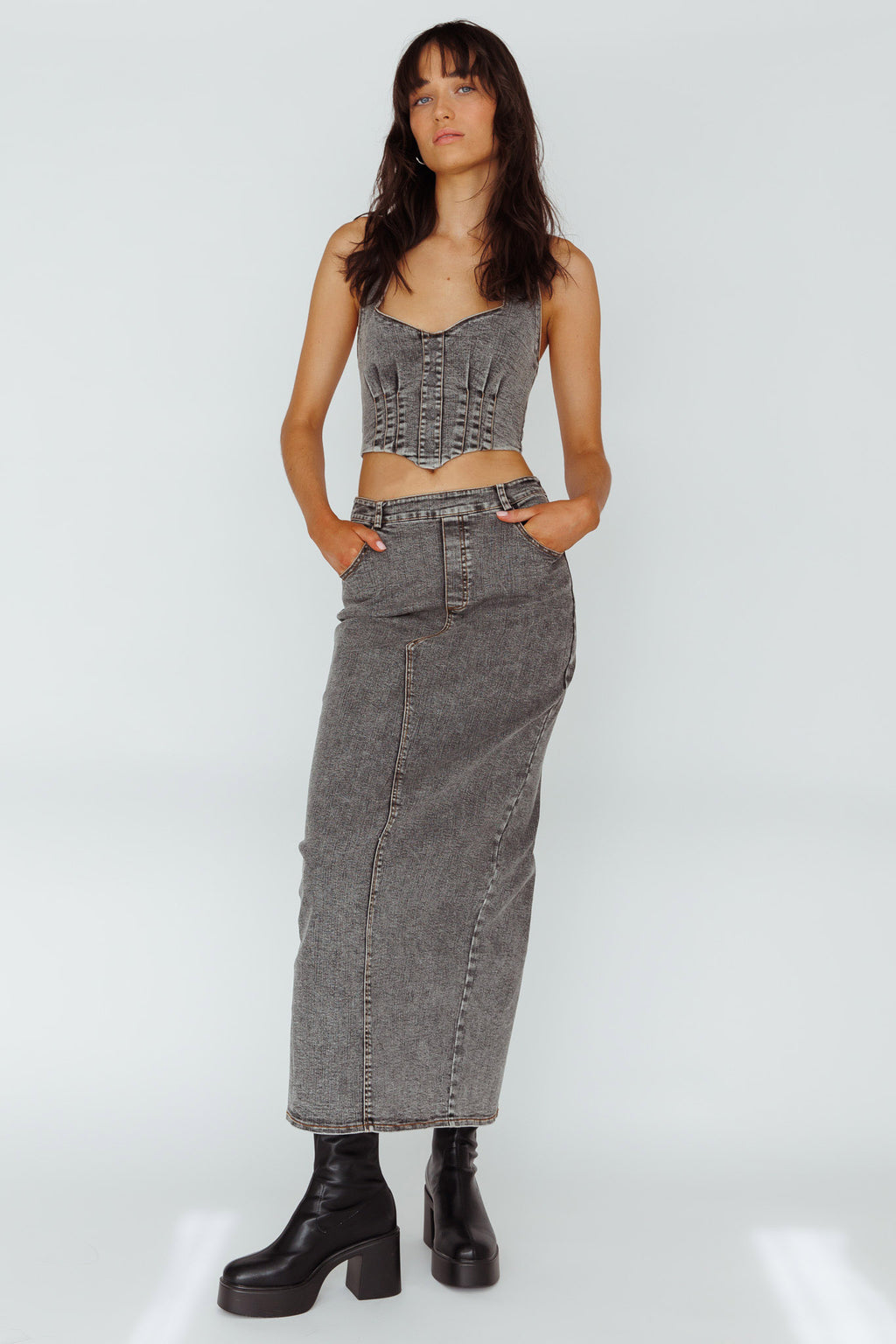 Zurich Pocket Maxi Skirt Denim Grey by Selfie Leslie Australia