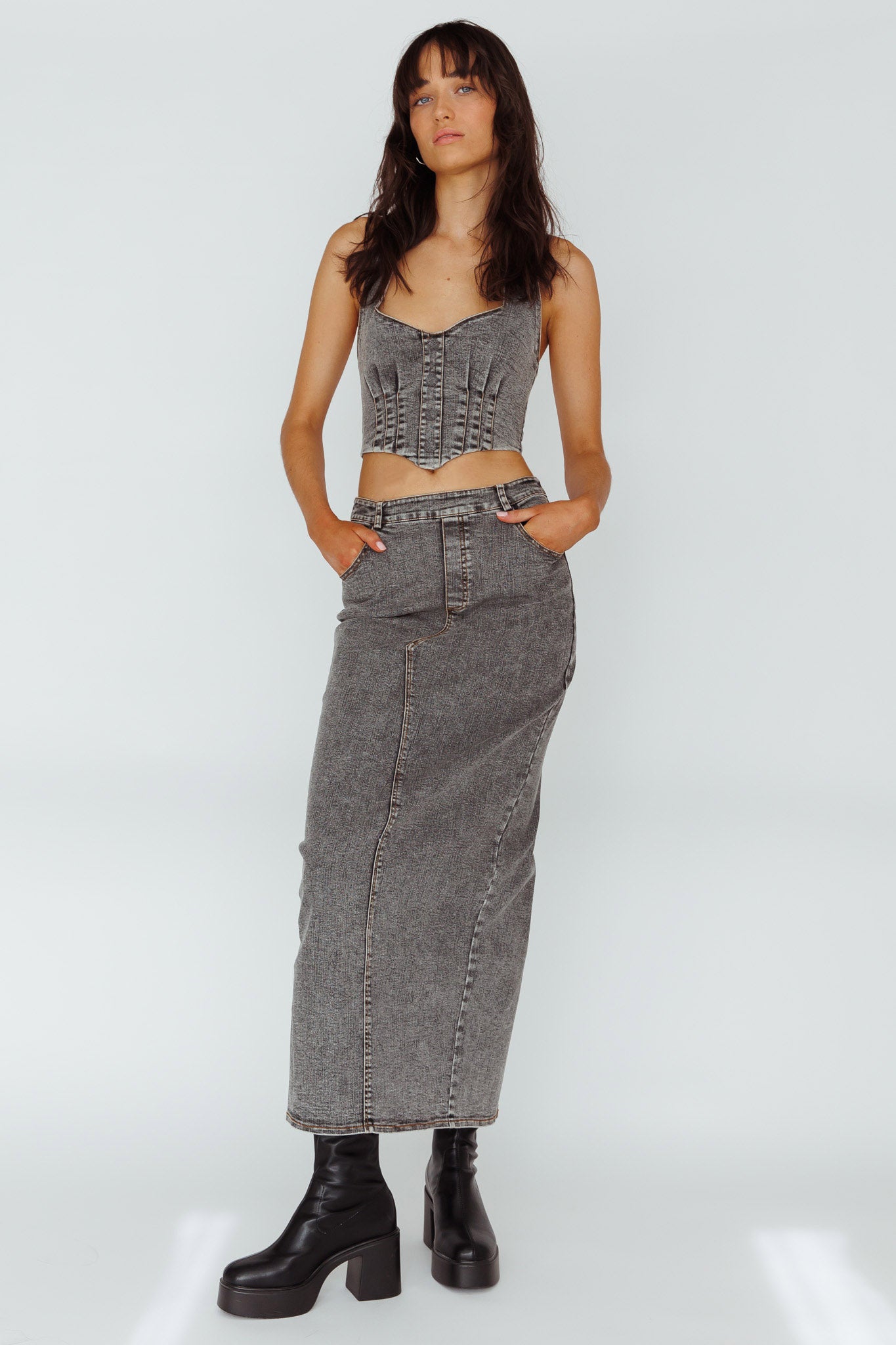 Zurich Pocket Maxi Skirt Denim Grey by Selfie Leslie Australia