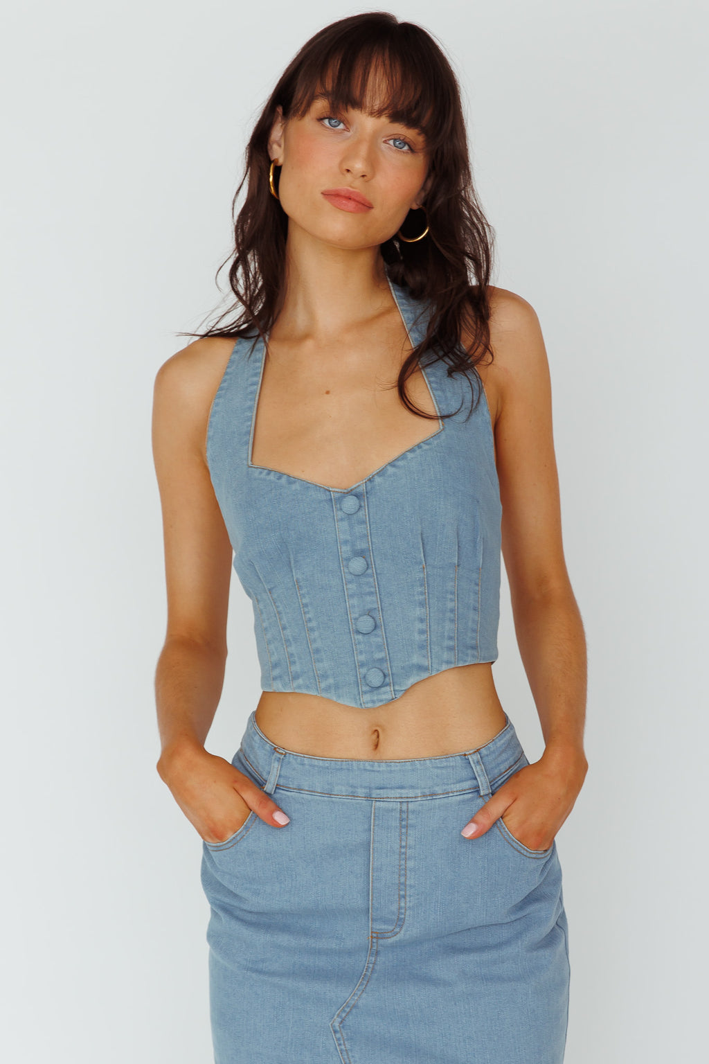 Zurich Halter Crop Top Denim Blue by Selfie Leslie Australia