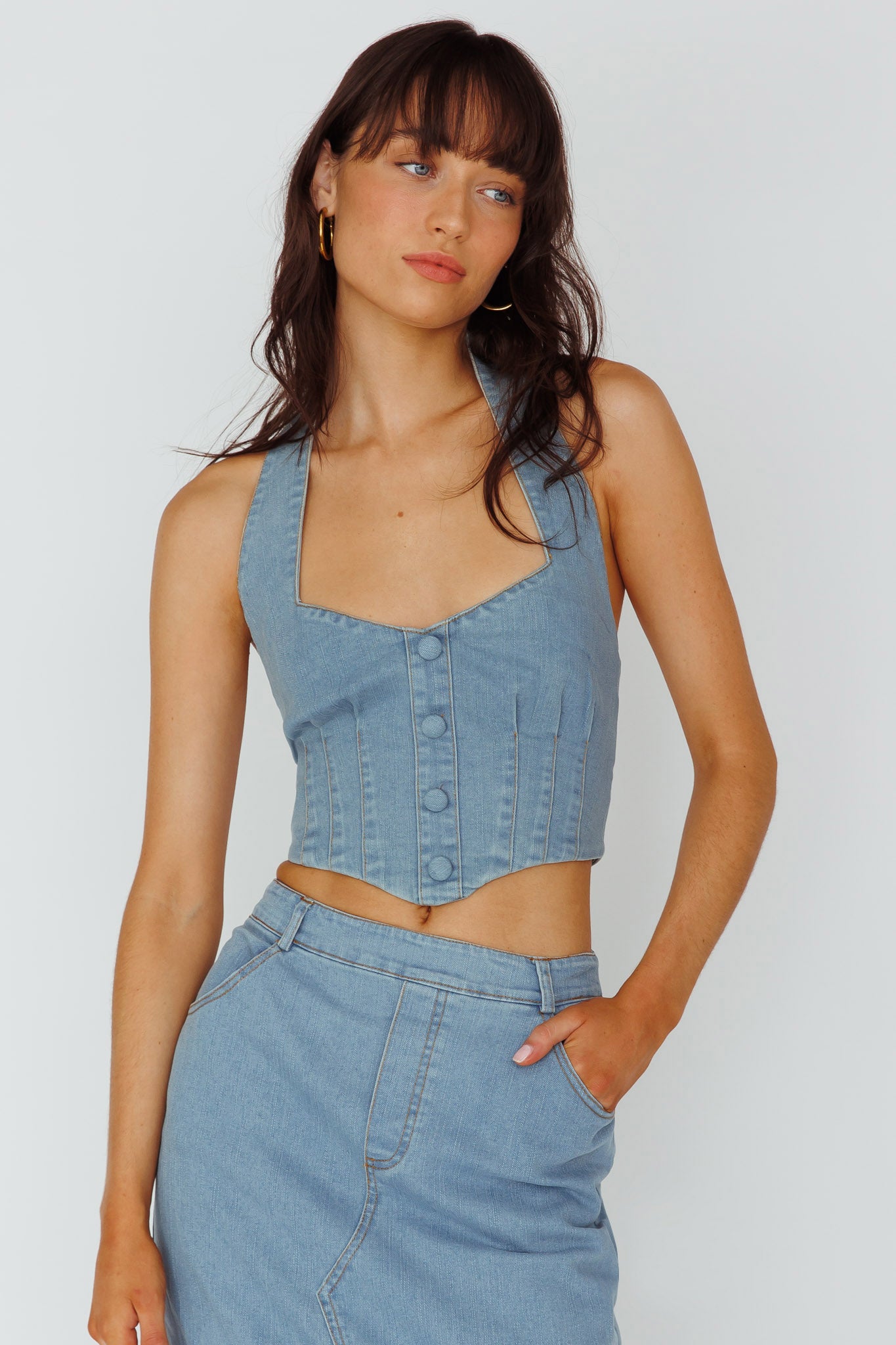 Zurich Halter Crop Top Denim Blue by Selfie Leslie Australia