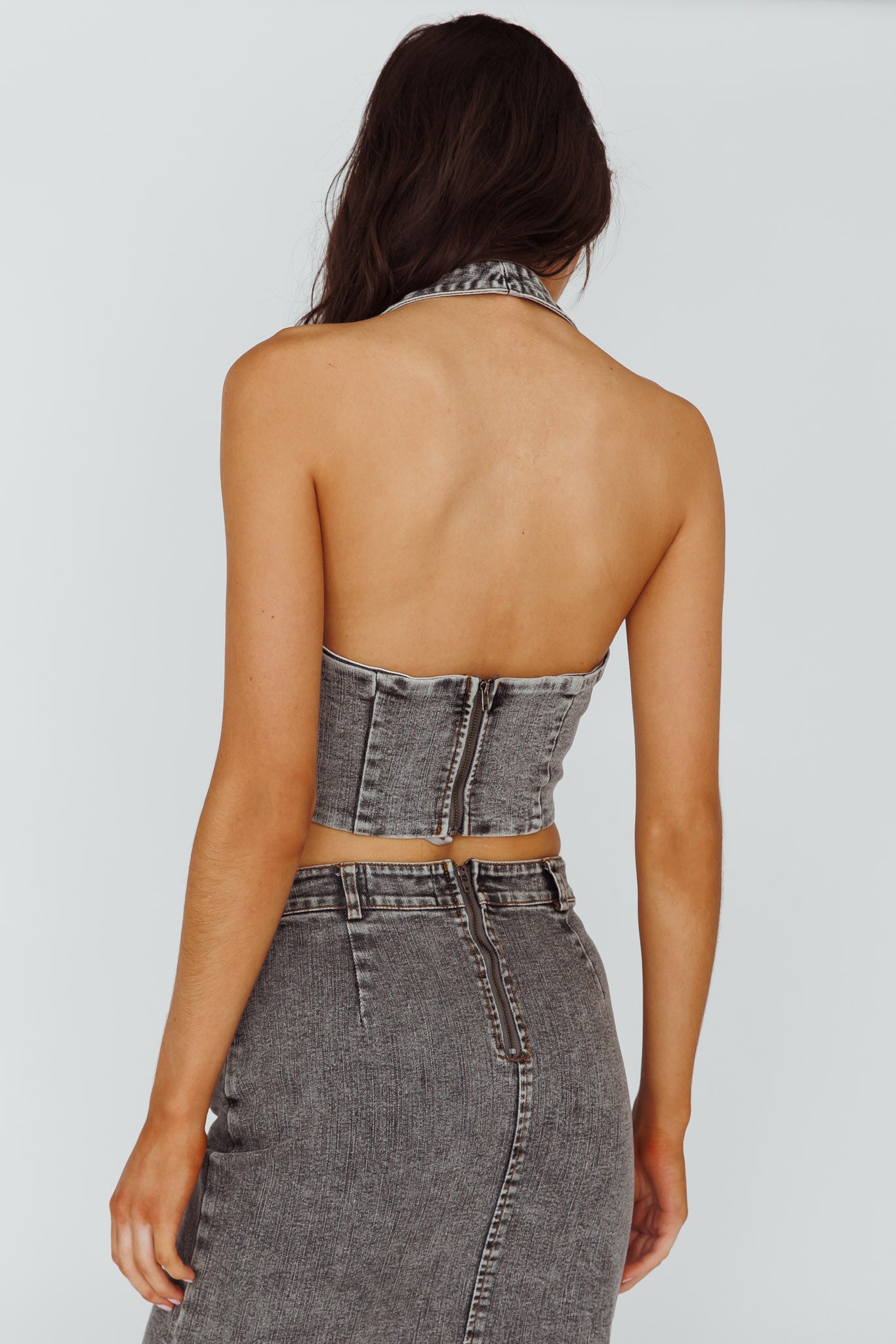 Zurich Halter Crop Top Denim Grey by Selfie Leslie Australia