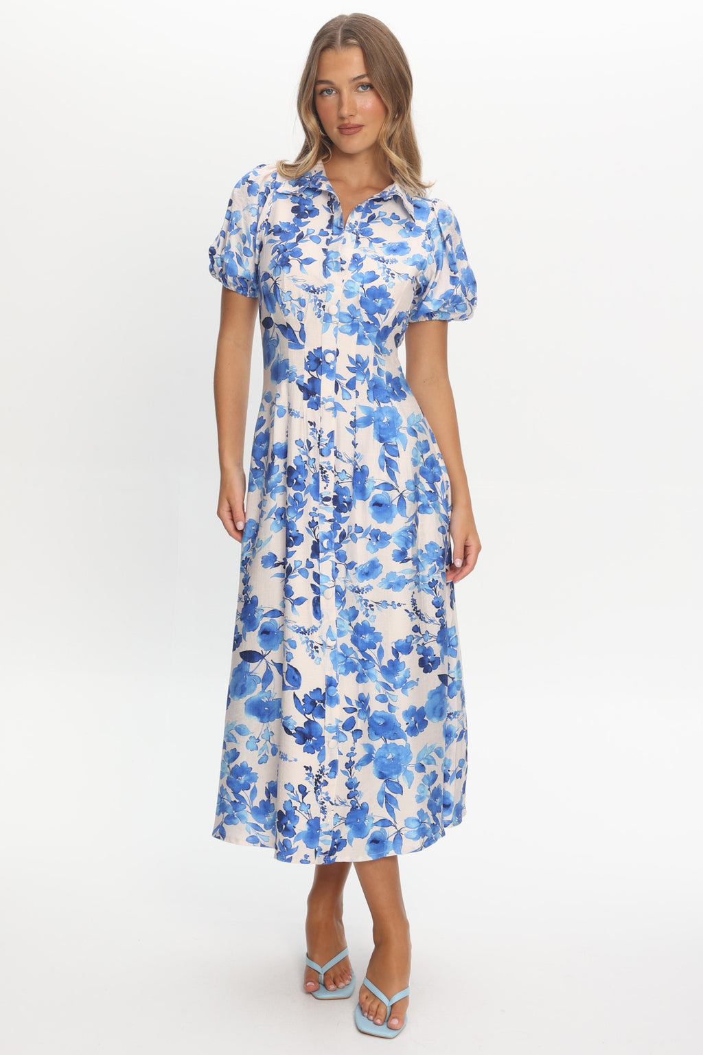 Kyrah Puff Sleeve Midi Dress Floral White by Selfie Leslie Australia