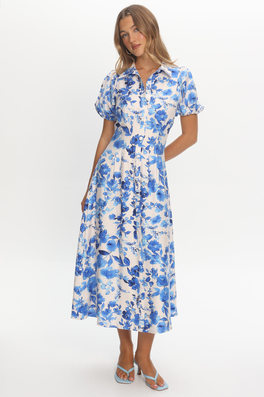 Kyrah Puff Sleeve Midi Dress Floral White by Selfie Leslie Australia