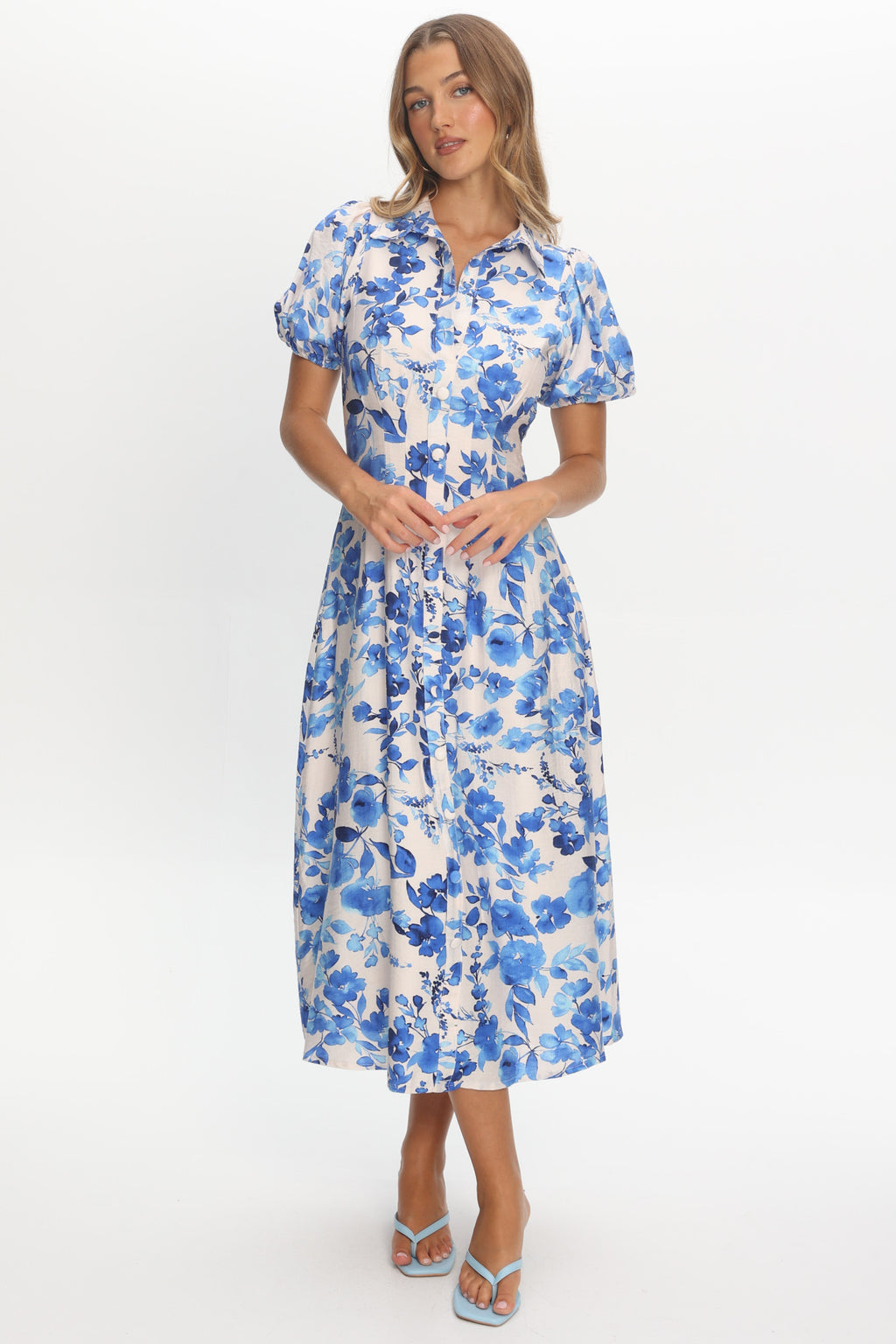 Kyrah Puff Sleeve Midi Dress Floral White by Selfie Leslie Australia