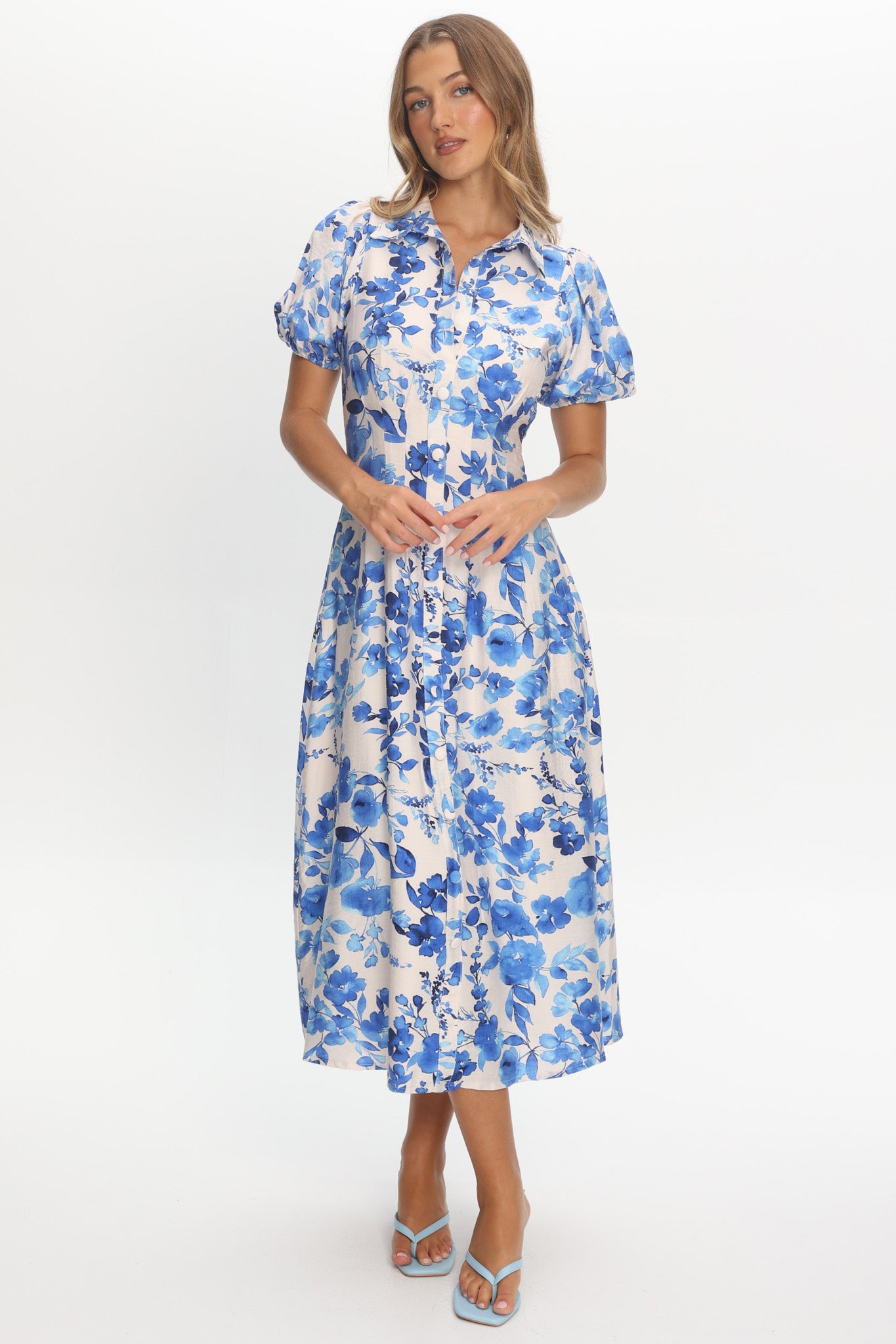 Kyrah Puff Sleeve Midi Dress Floral White by Selfie Leslie Australia