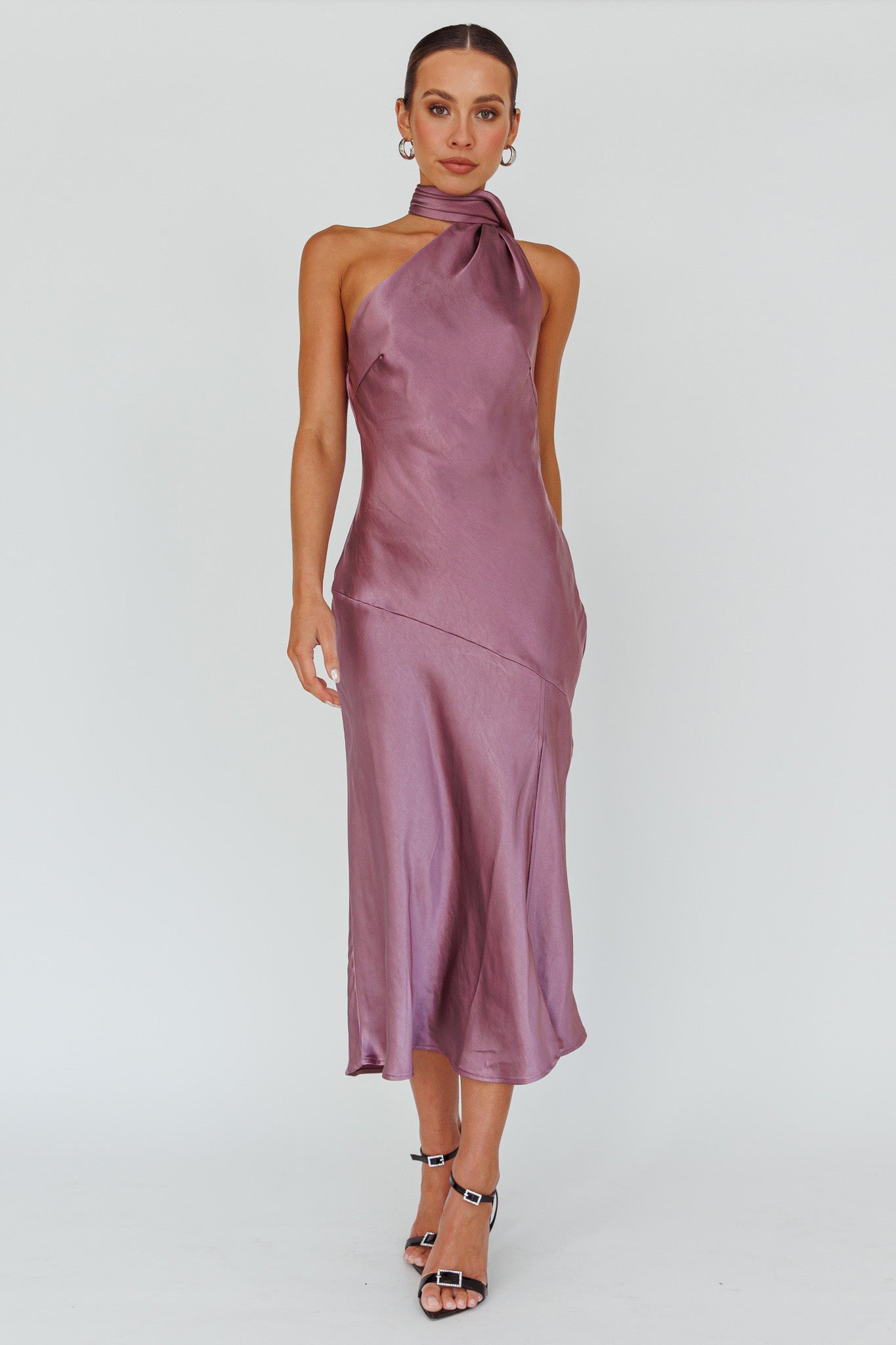 Italian Summer Tie Neck Midi Dress Grape by Selfie Leslie Australia
