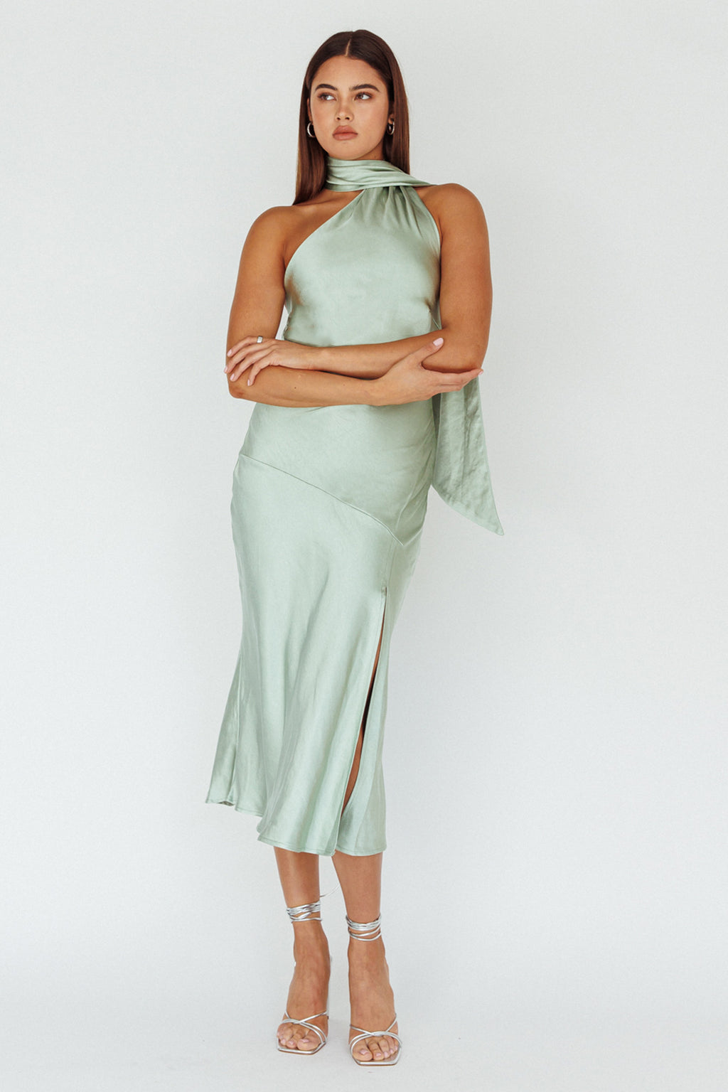 Italian Summer Tie Neck Midi Dress Sage by Selfie Leslie Australia
