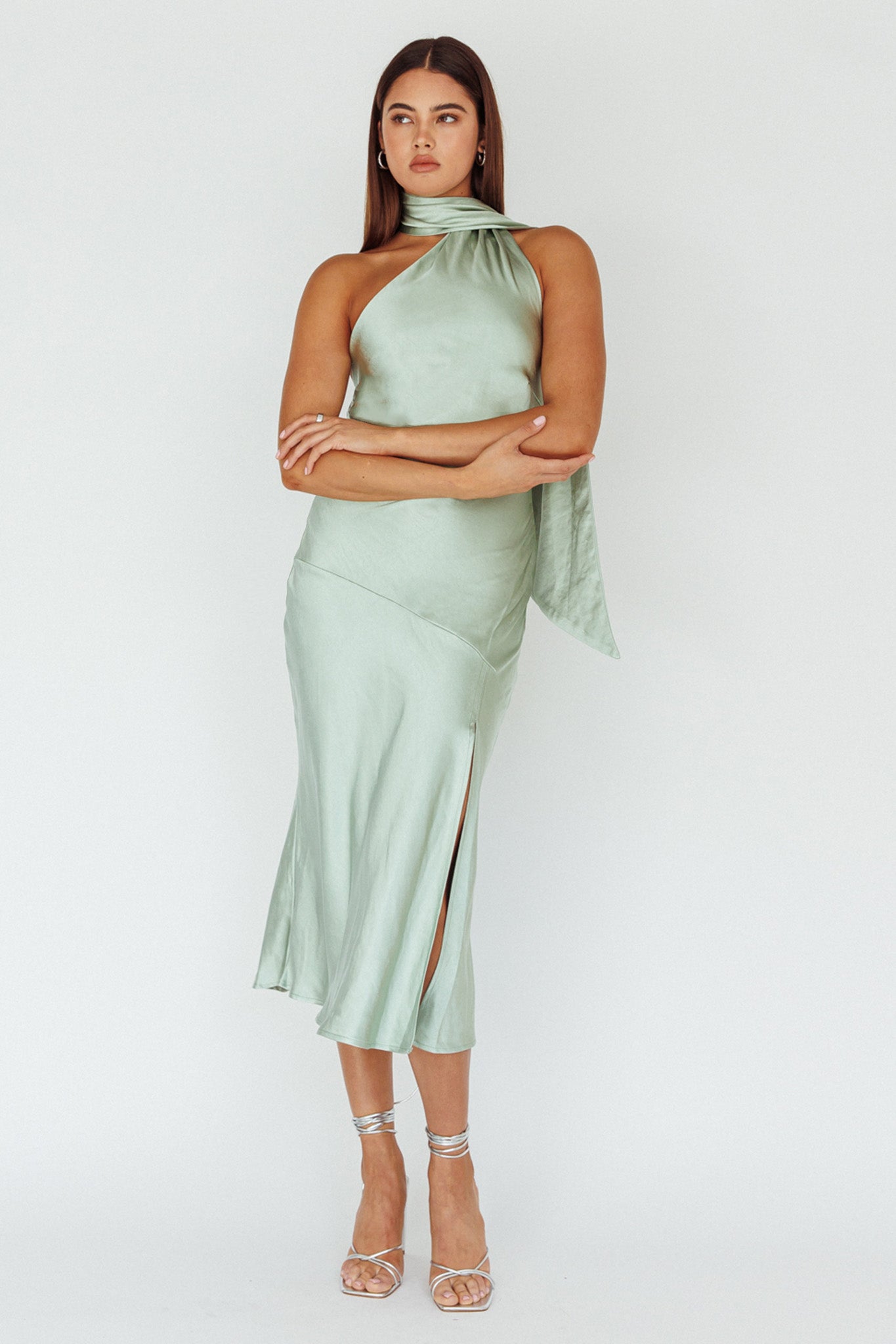 Italian Summer Tie Neck Midi Dress Sage by Selfie Leslie Australia