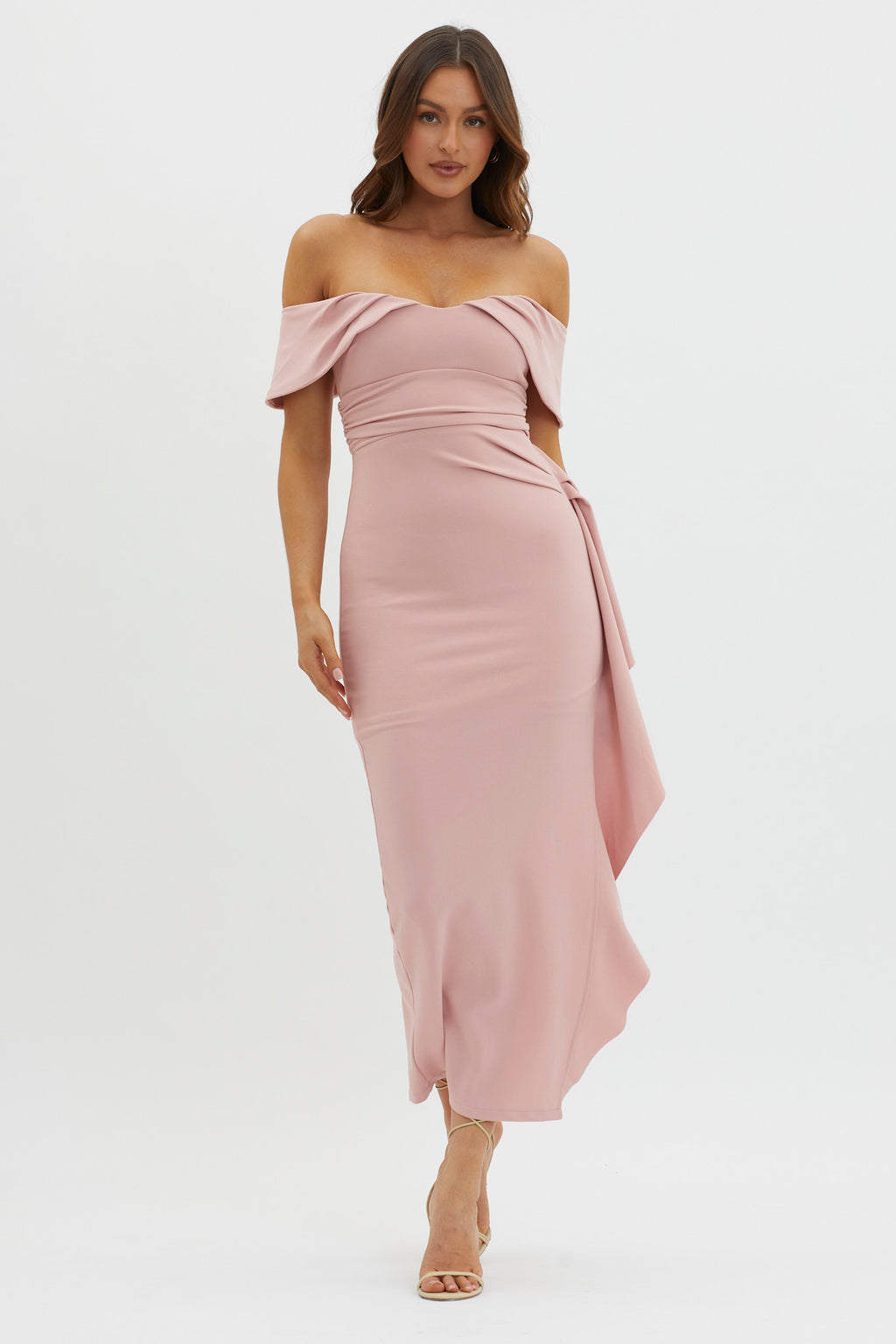 Lillianne Off-Shoulder Side Ruffle Maxi Dress Blush by Selfie Leslie Australia