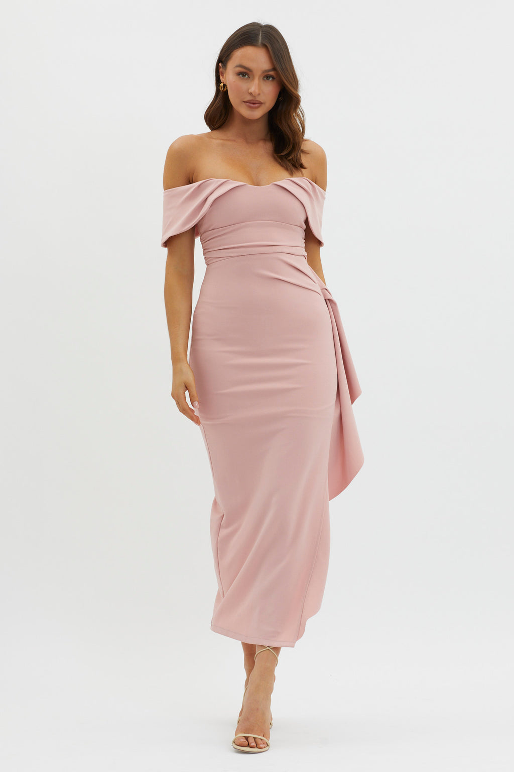 Lillianne Off-Shoulder Side Ruffle Maxi Dress Blush by Selfie Leslie Australia
