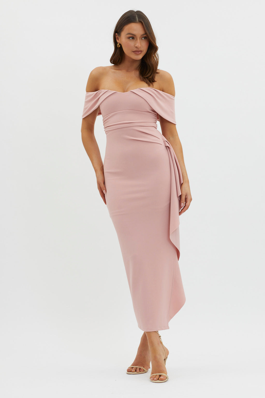 Lillianne Off-Shoulder Side Ruffle Maxi Dress Blush by Selfie Leslie Australia